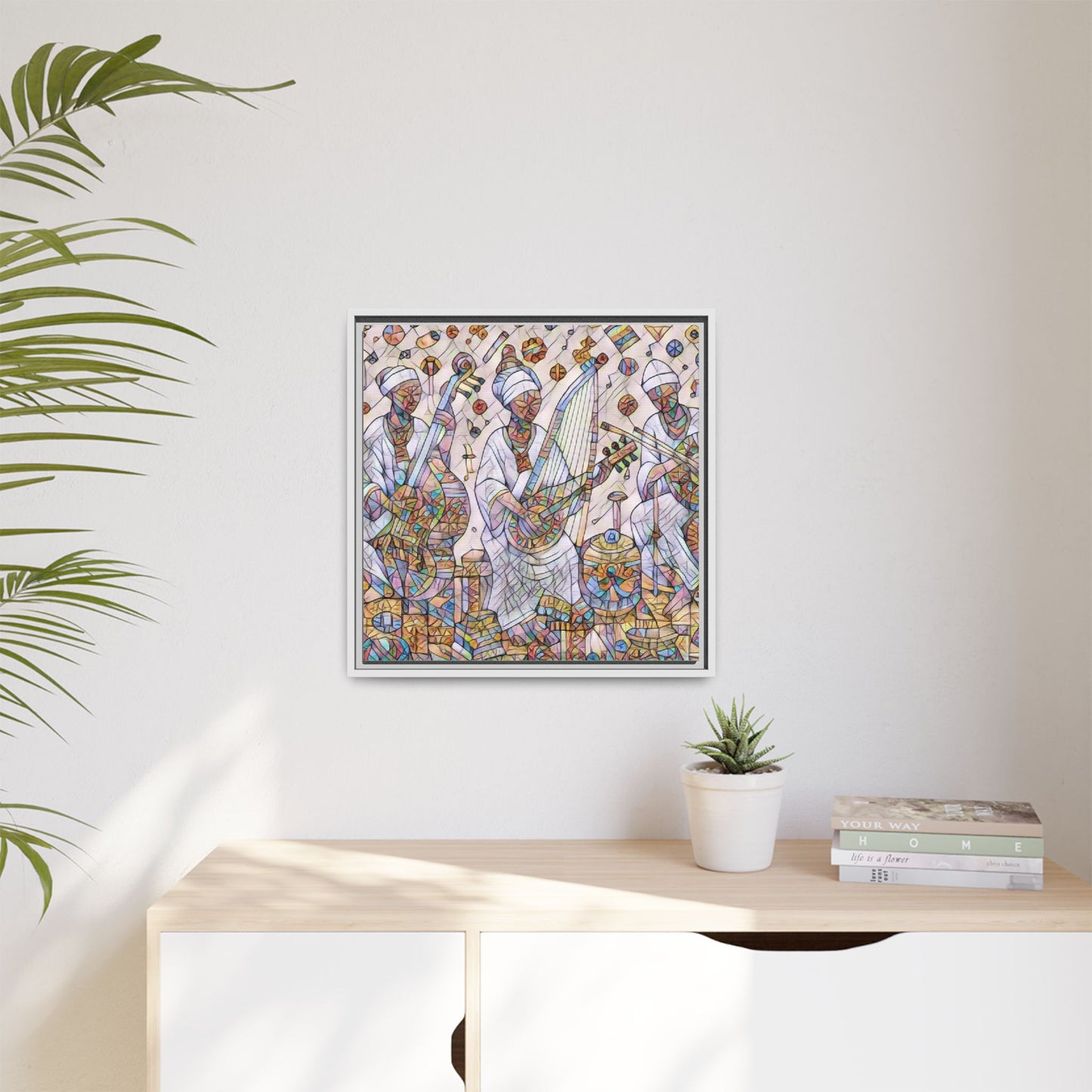 Framed Matte Canvas Print — Colorful African Musicians Stained-Glass Art