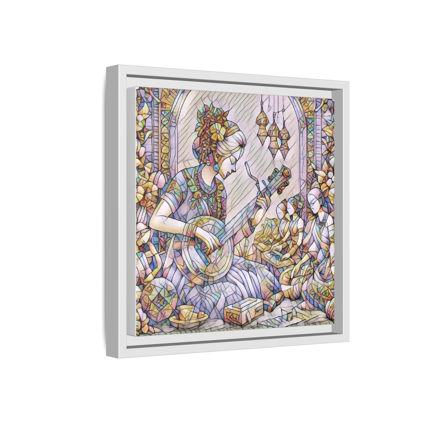 Framed Matte Canvas: Bohemian Woman Playing Lute — Stained-Glass Style Wall Art