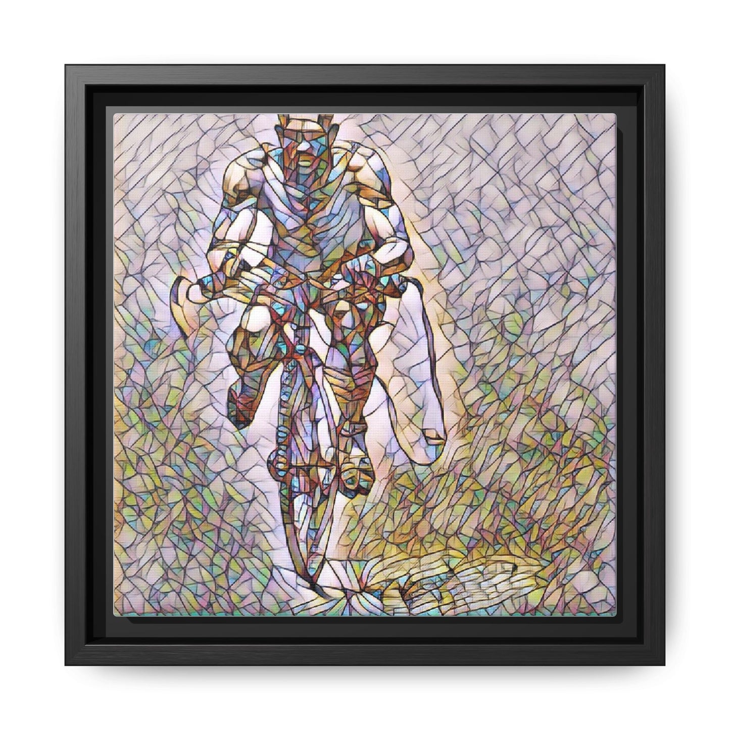 Cyclist Art Print — Framed Matte Canvas Wall Art (Multicolor Stained-Glass Style)