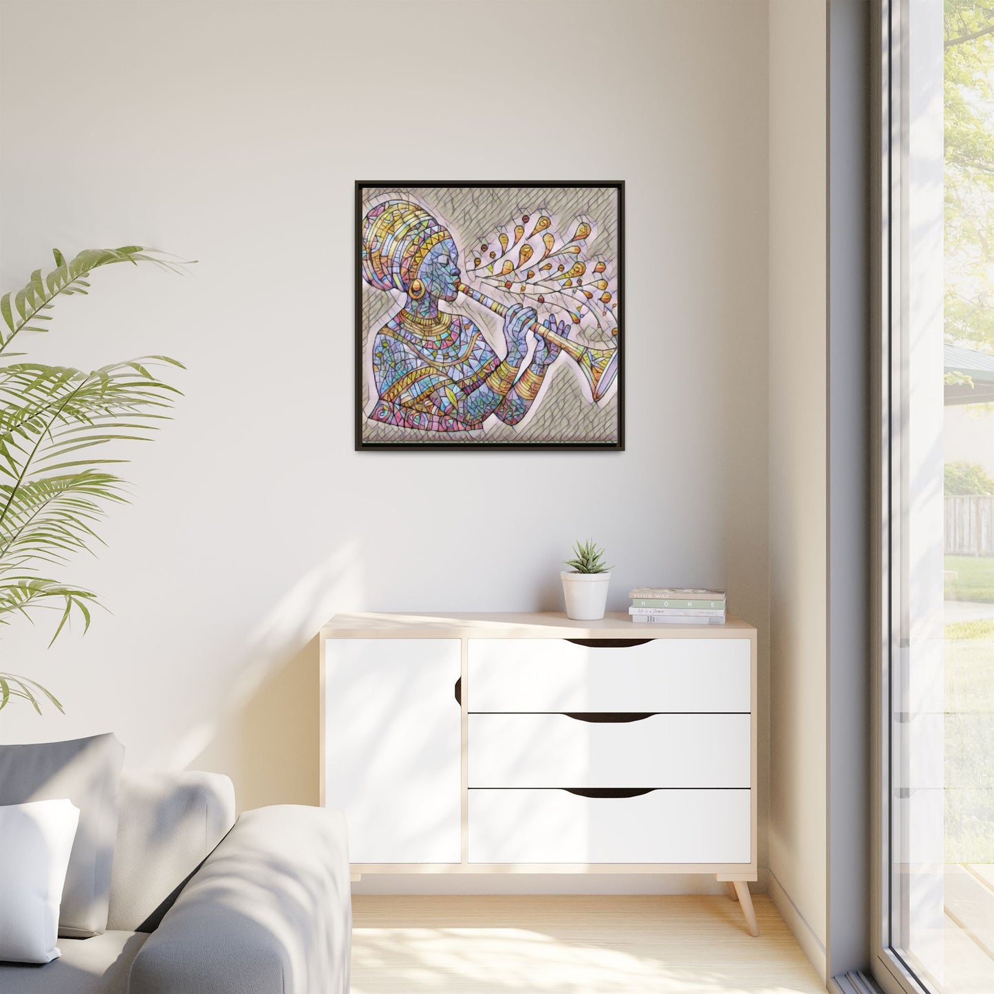 Framed Matte Canvas Art – Colorful African Musician Trumpet Print
