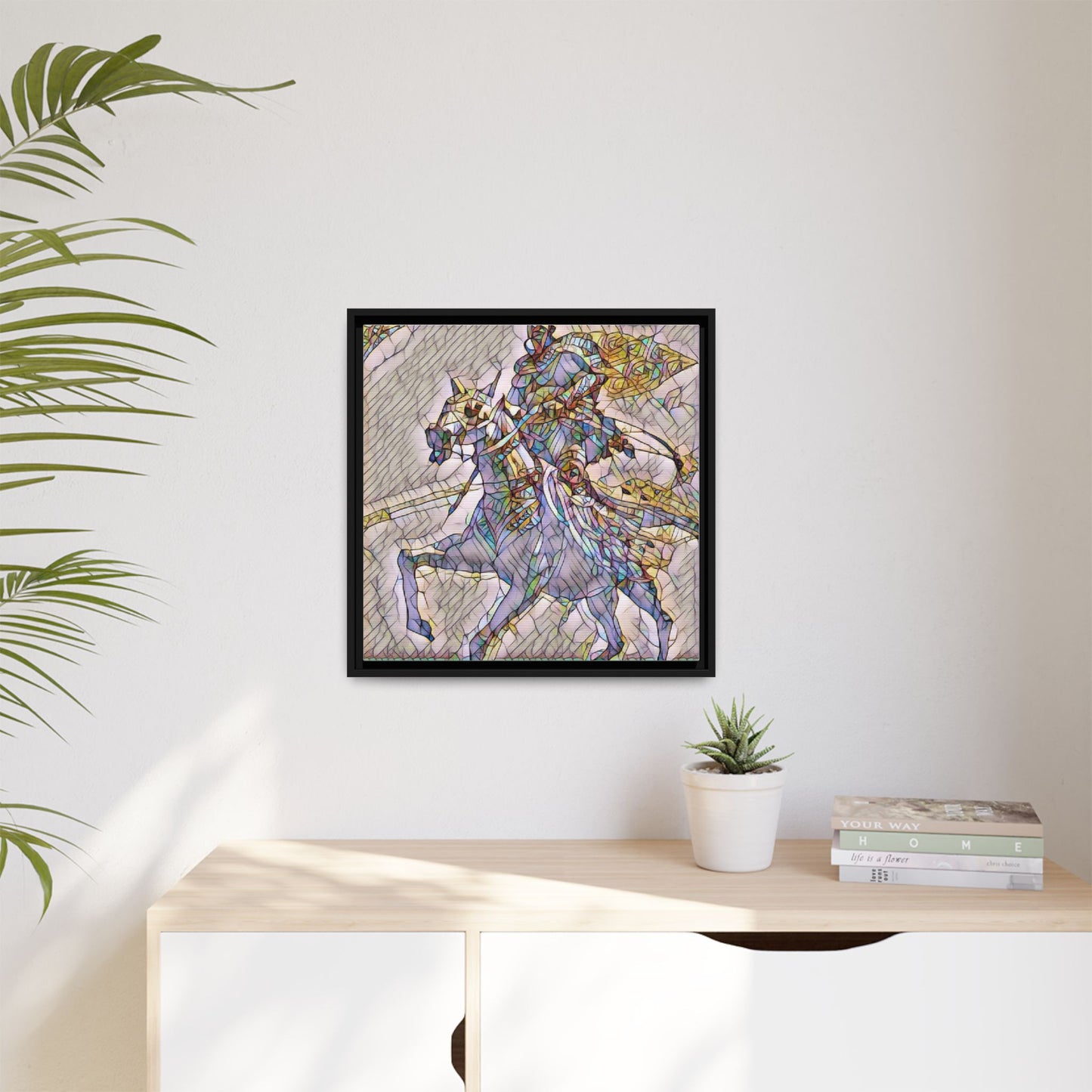 Framed Matte Canvas Art — Stained Glass Knight on Horse Fantasy Wall Decor
