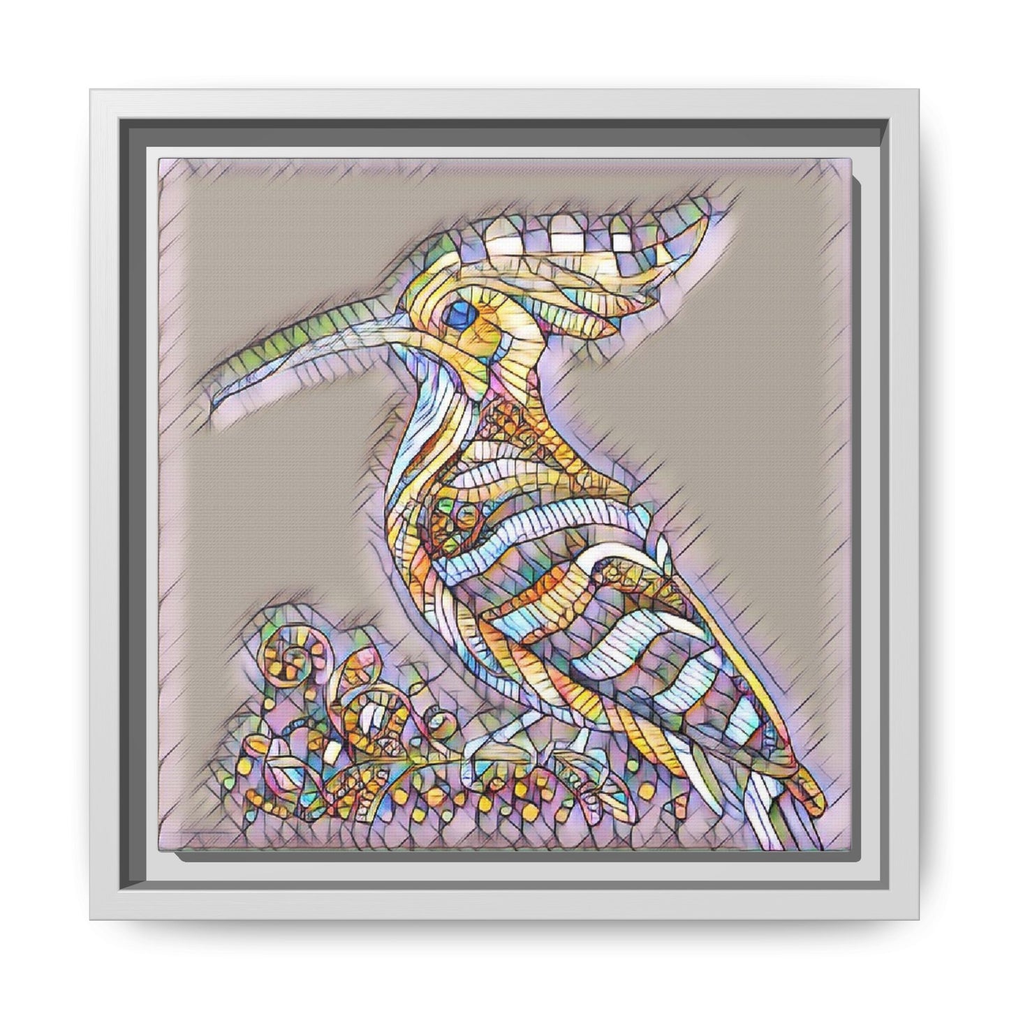 Colorful Mosaic Bird Framed Canvas Art — Whimsical Hoopoe Wall Decor