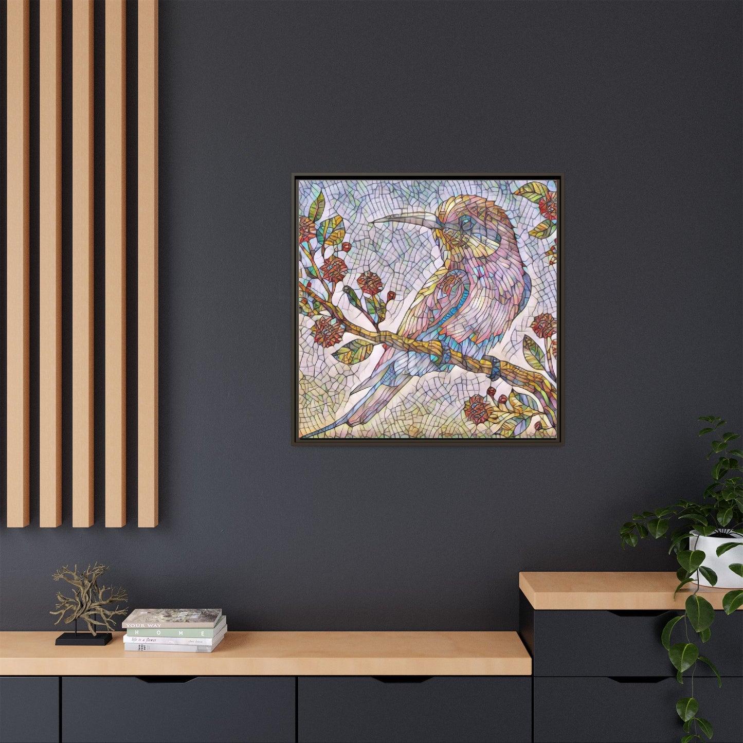 Framed Mosaic Bird Art Print — Colorful Kookaburra Wall Canvas