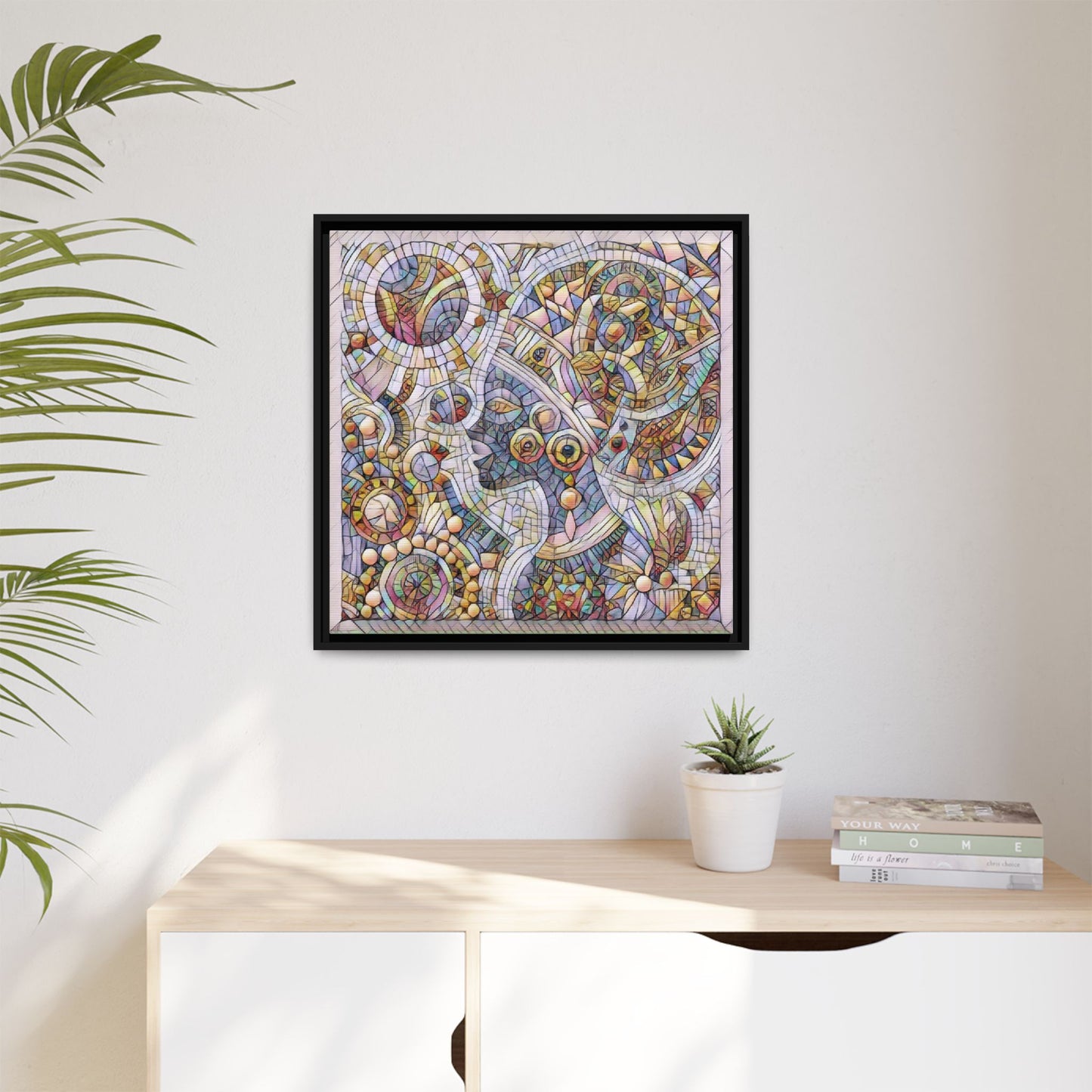 Abstract Mosaic Framed Canvas Art — Multicolor Geometric Wall Decor