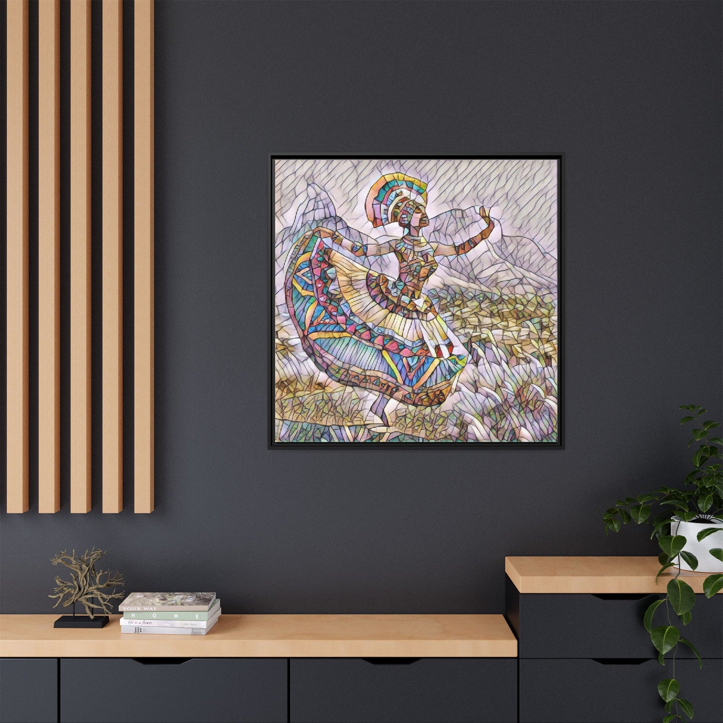 Ballerina Mosaic Framed Canvas Print — Colorful Ethnic Dance Wall Art