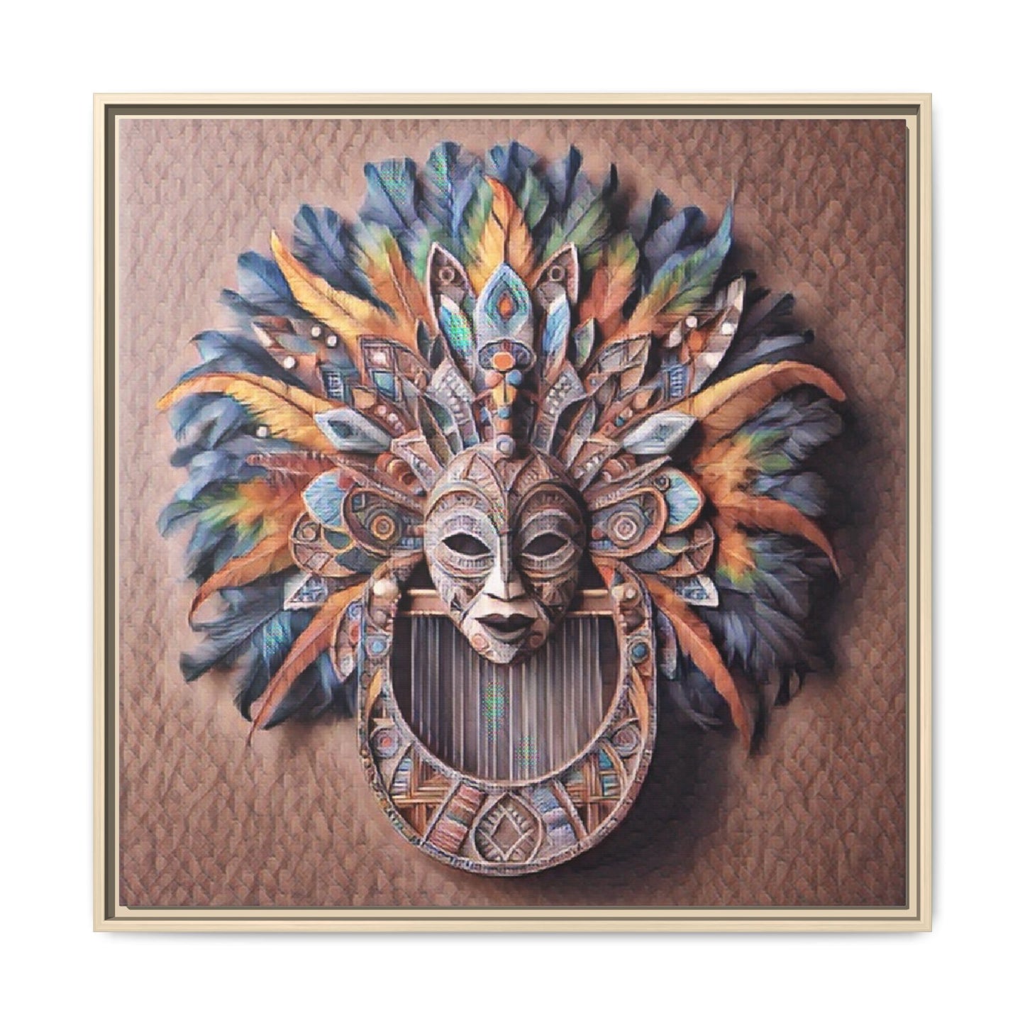 Tribal Feather Mask Framed Canvas Wall Art — Colorful Boho Decorative Print
