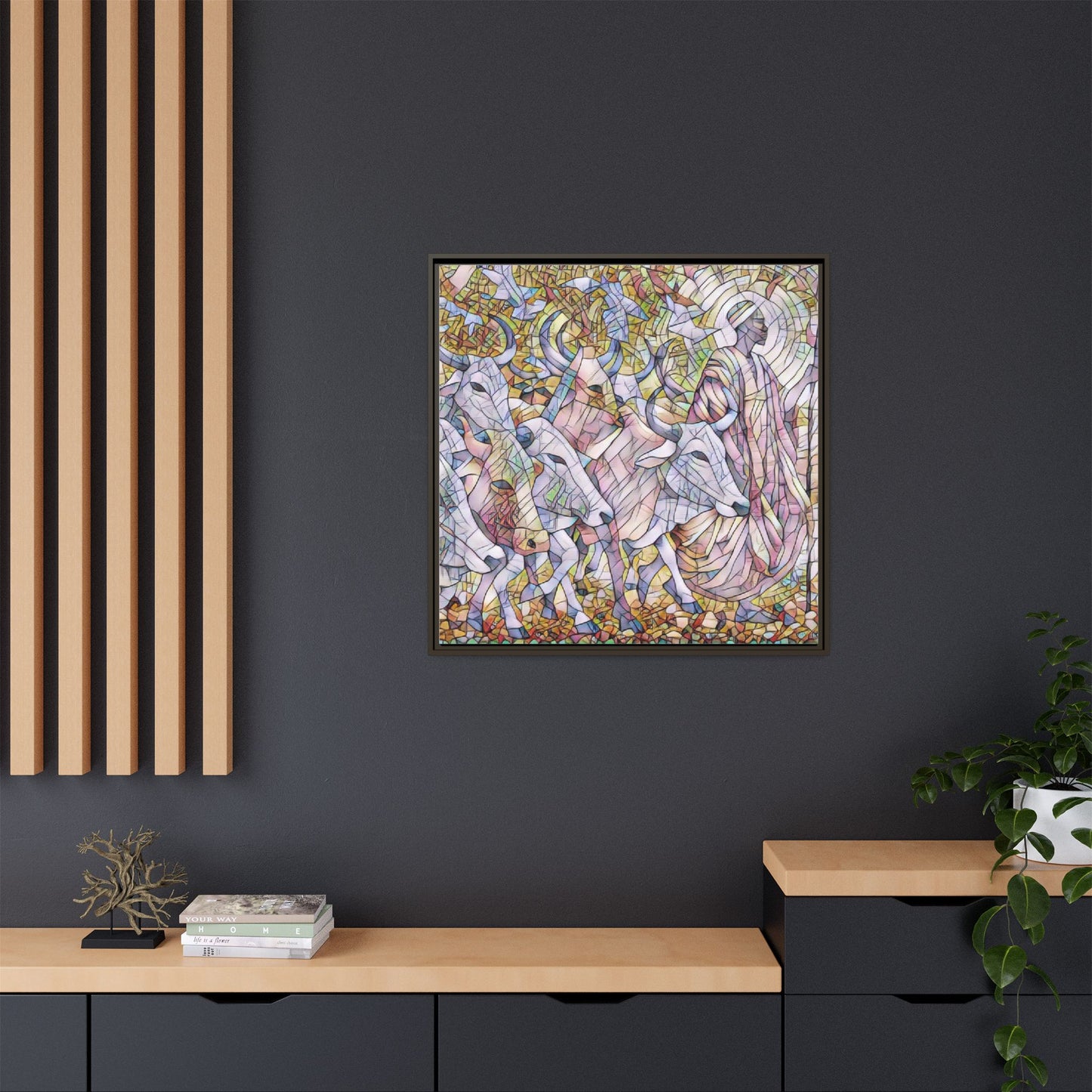 Framed Matte Canvas Art — Stained-Glass Style Cattle Herd