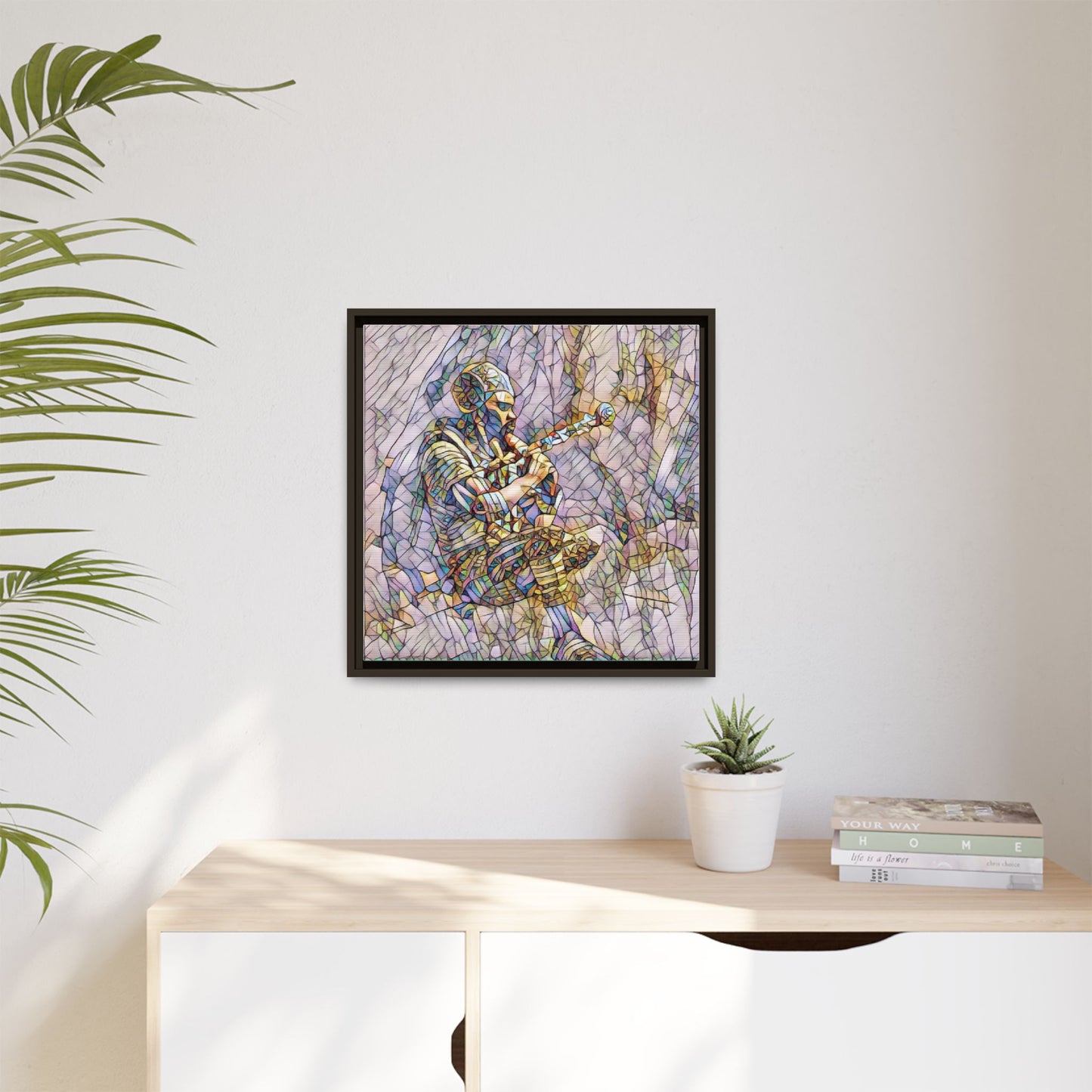 Celtic Piper Framed Matte Canvas — Stained-Glass Style Highland Bagpiper Art