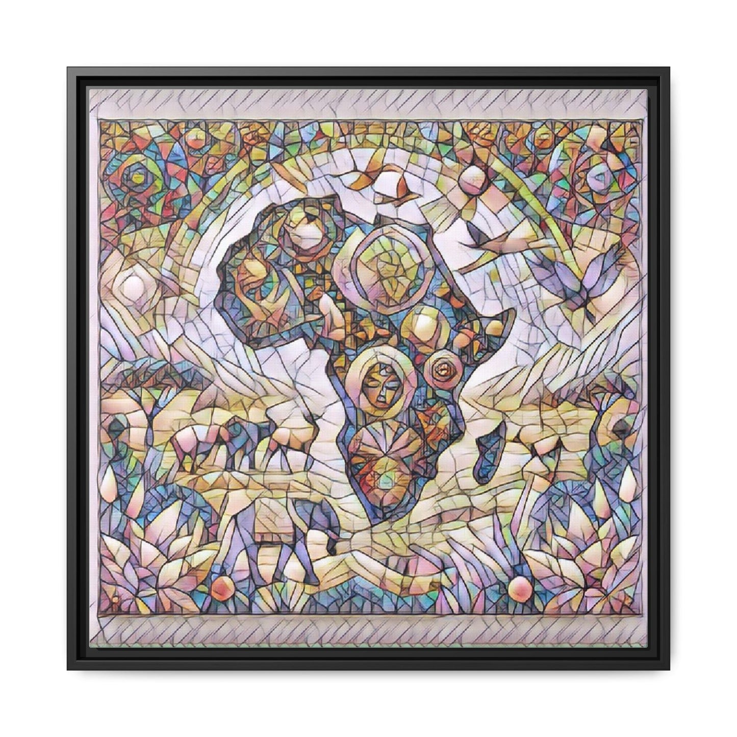 Abstract Mosaic Africa Framed Canvas — Colorful Stained-Glass Wall Art