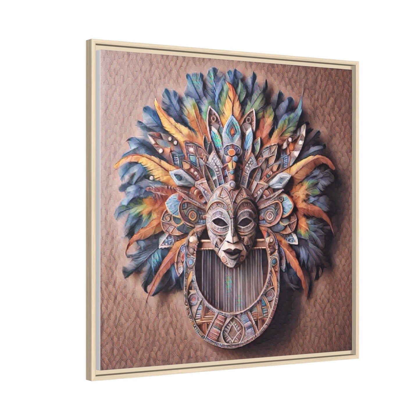 Tribal Feather Mask Framed Canvas Wall Art — Colorful Boho Decorative Print