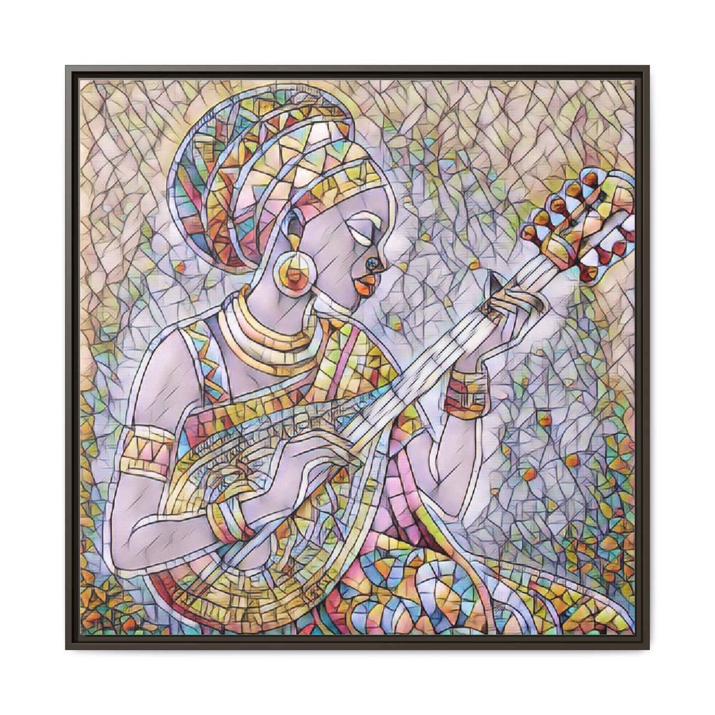Framed Canvas Art — Colorful African Woman Playing Lute (Matte Multi‑Color)