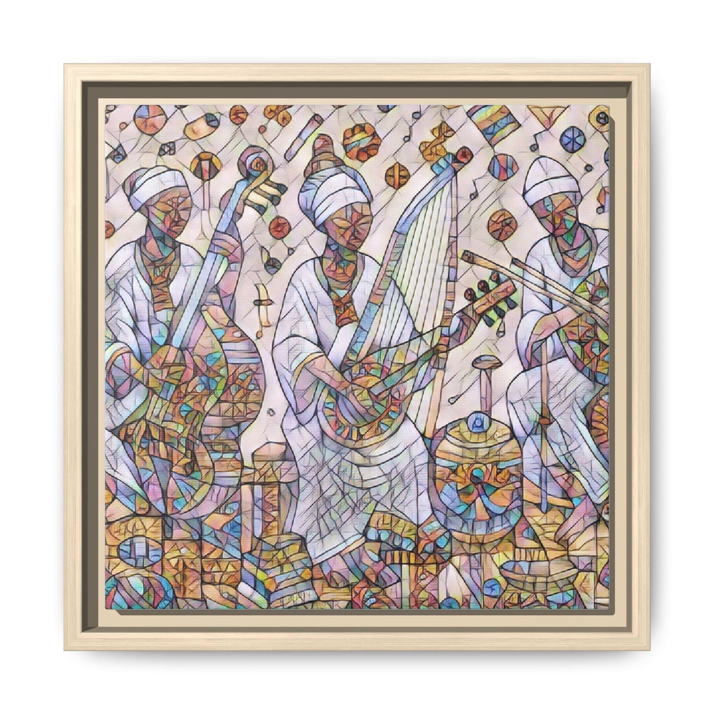 Framed Matte Canvas Print — Colorful African Musicians Stained-Glass Art