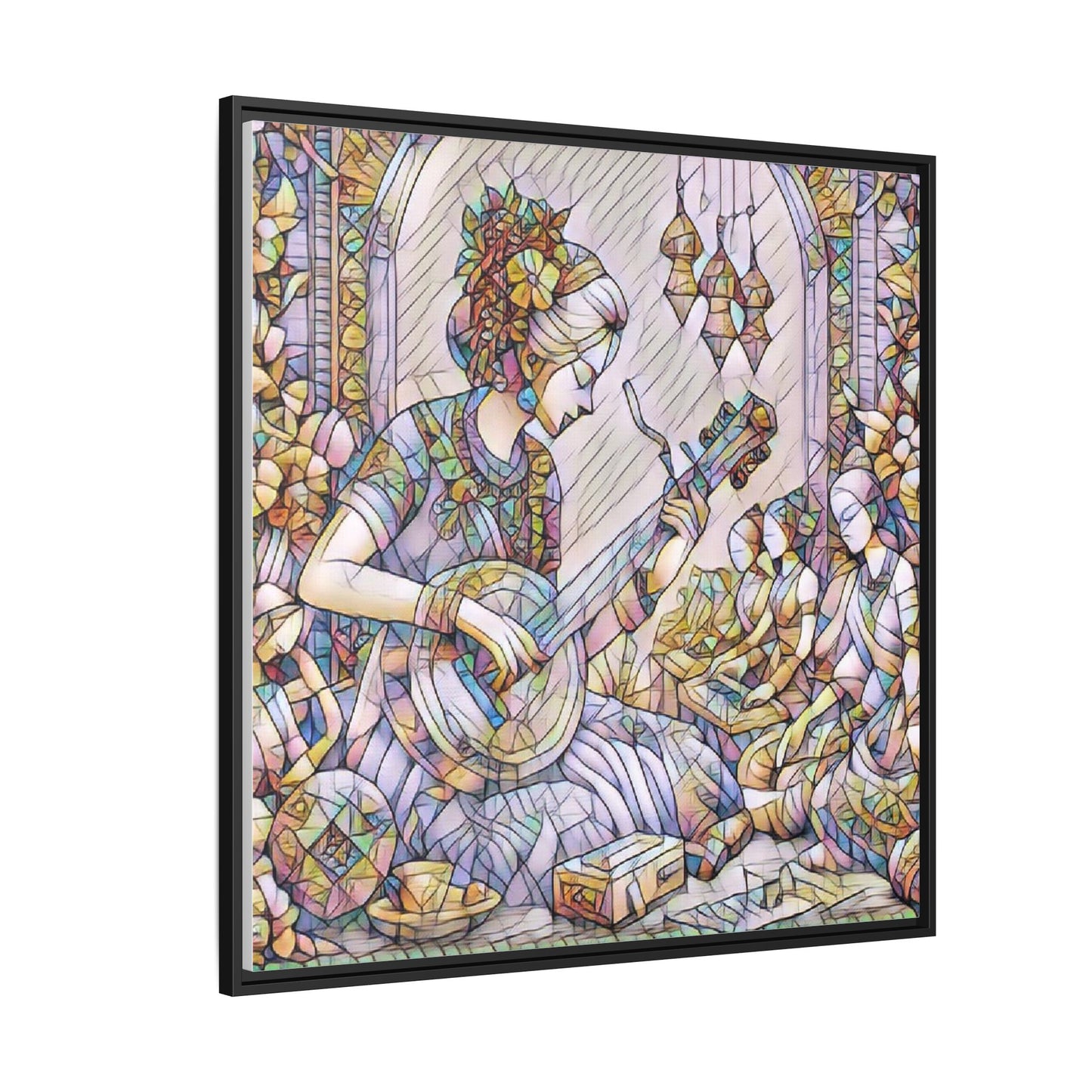 Framed Matte Canvas: Bohemian Woman Playing Lute — Stained-Glass Style Wall Art