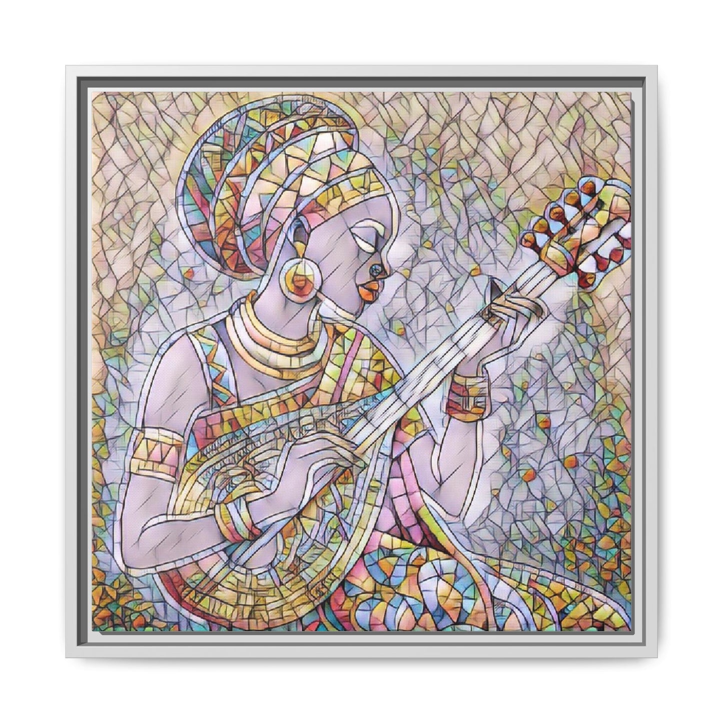 Framed Canvas Art — Colorful African Woman Playing Lute (Matte Multi‑Color)