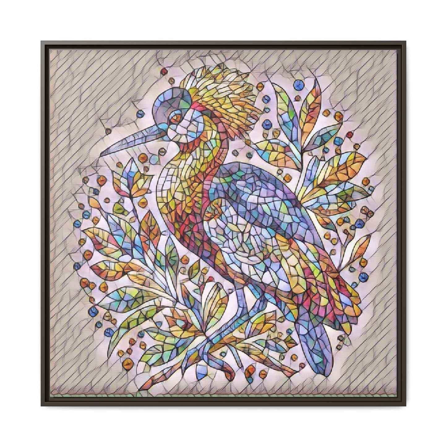 Colorful Stained-Glass Heron — Framed Matte Canvas Wall Art