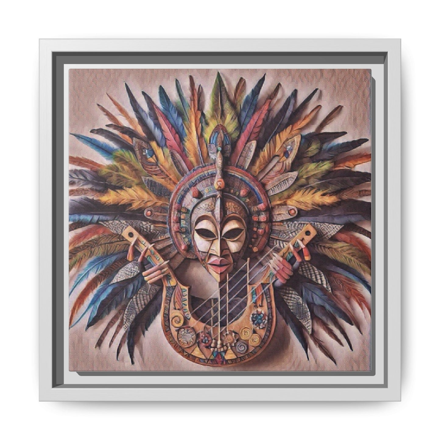 Tribal Feather Mask Guitar Framed Canvas Art — Colorful Boho Wall Decor