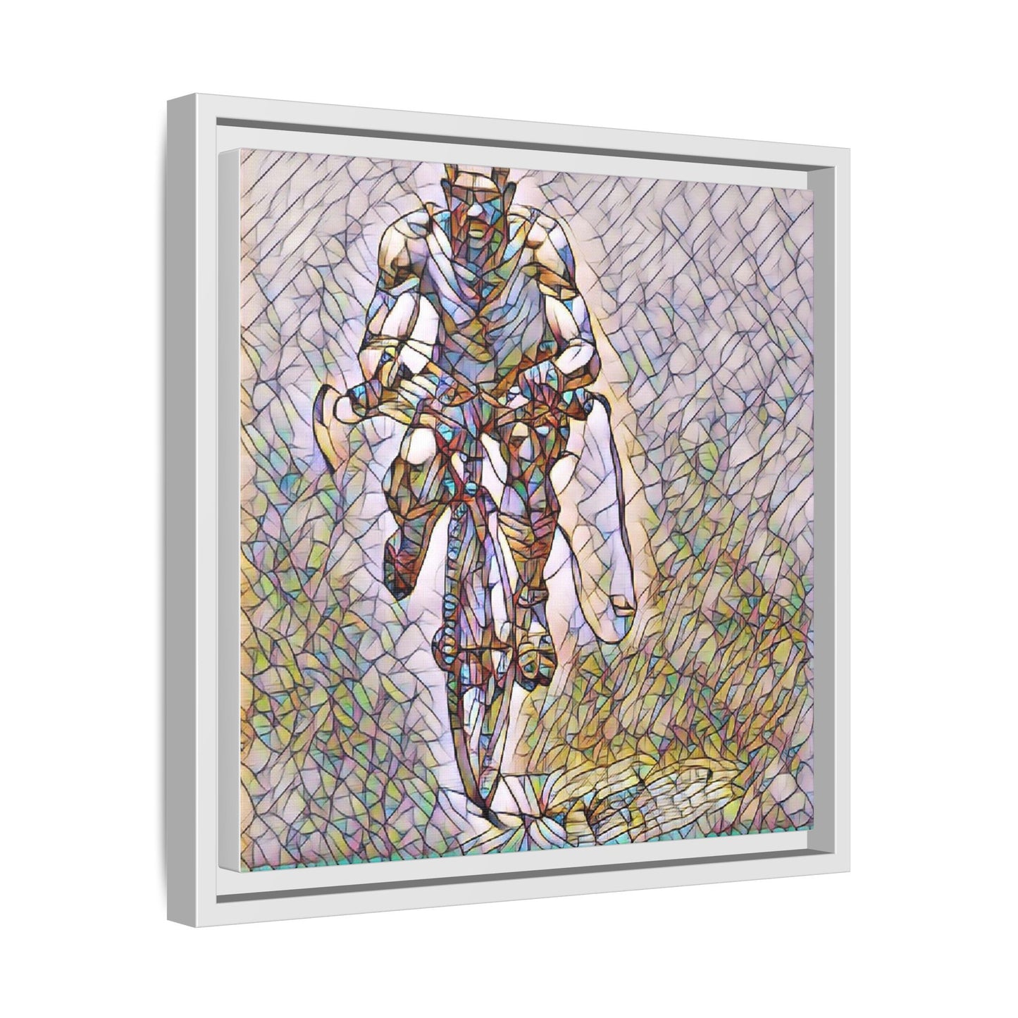 Cyclist Art Print — Framed Matte Canvas Wall Art (Multicolor Stained-Glass Style)
