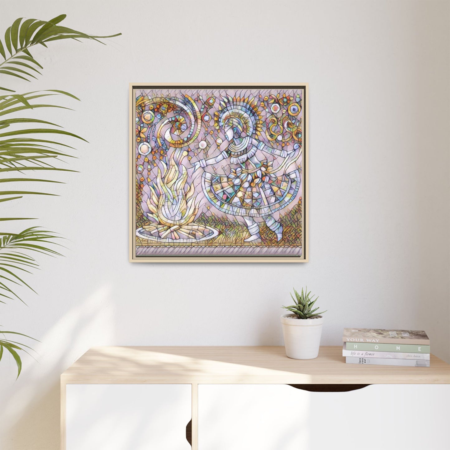 Bohemian Fire Dancer Framed Canvas Art — Colorful Folk Mosaic Wall Decor