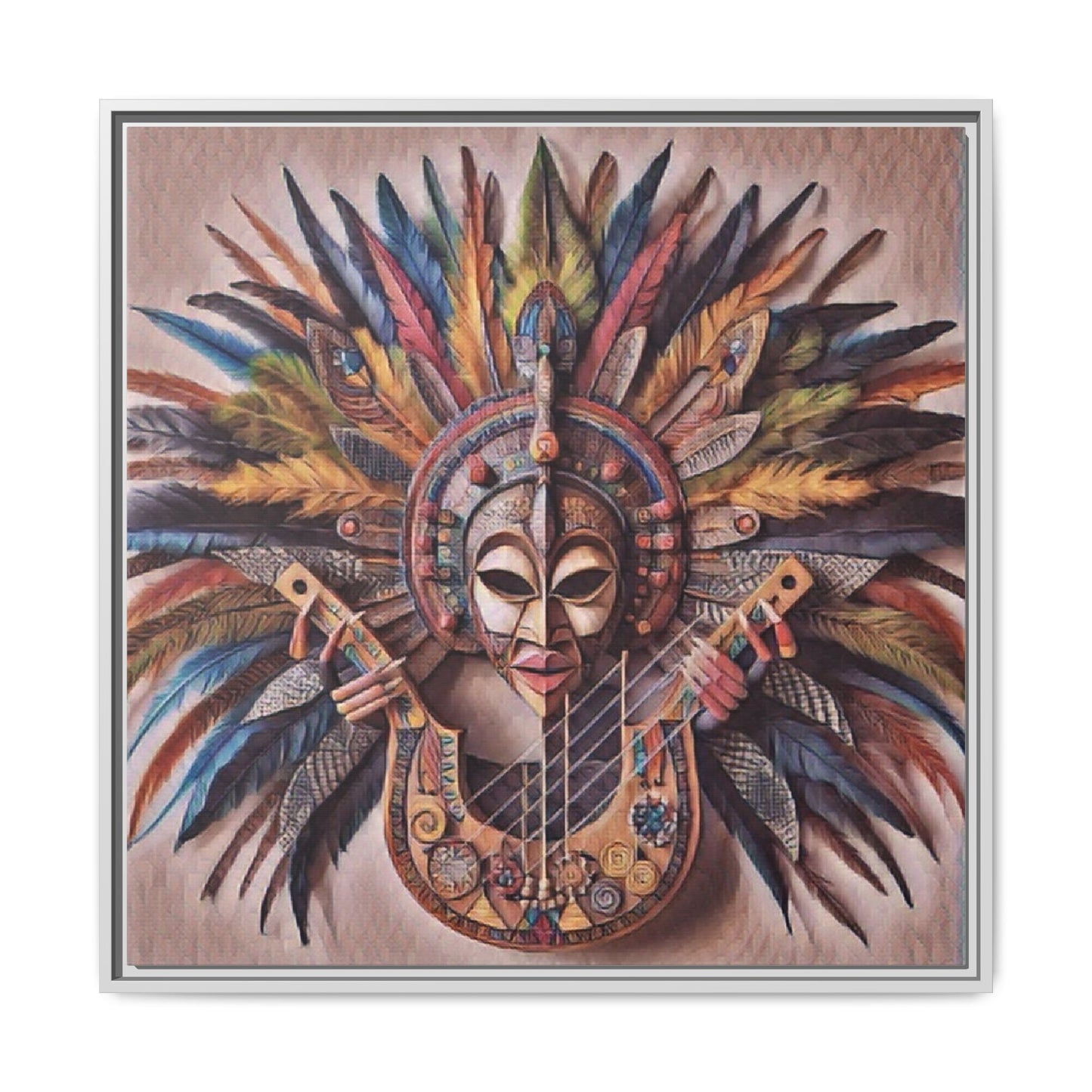 Tribal Feather Mask Guitar Framed Canvas Art — Colorful Boho Wall Decor