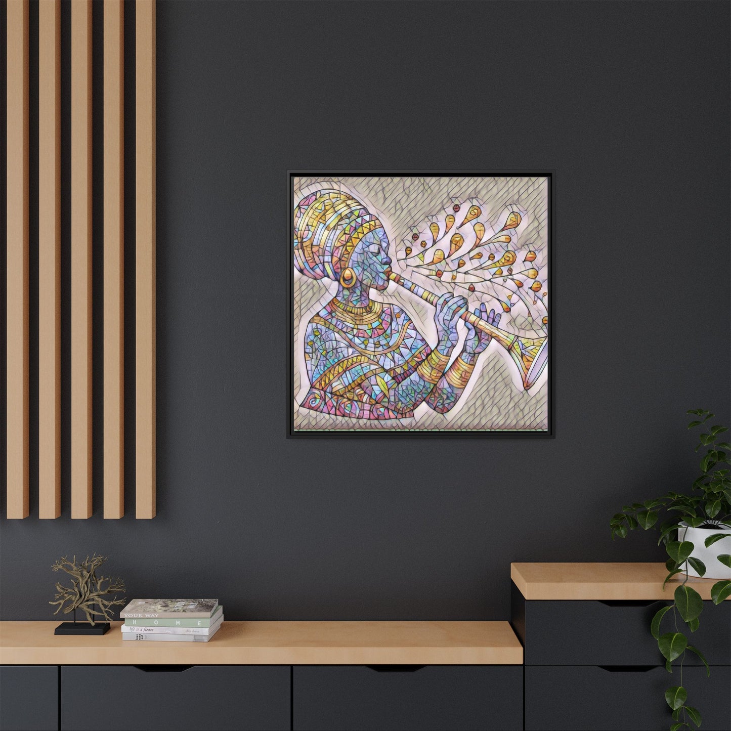 Framed Matte Canvas Art – Colorful African Musician Trumpet Print