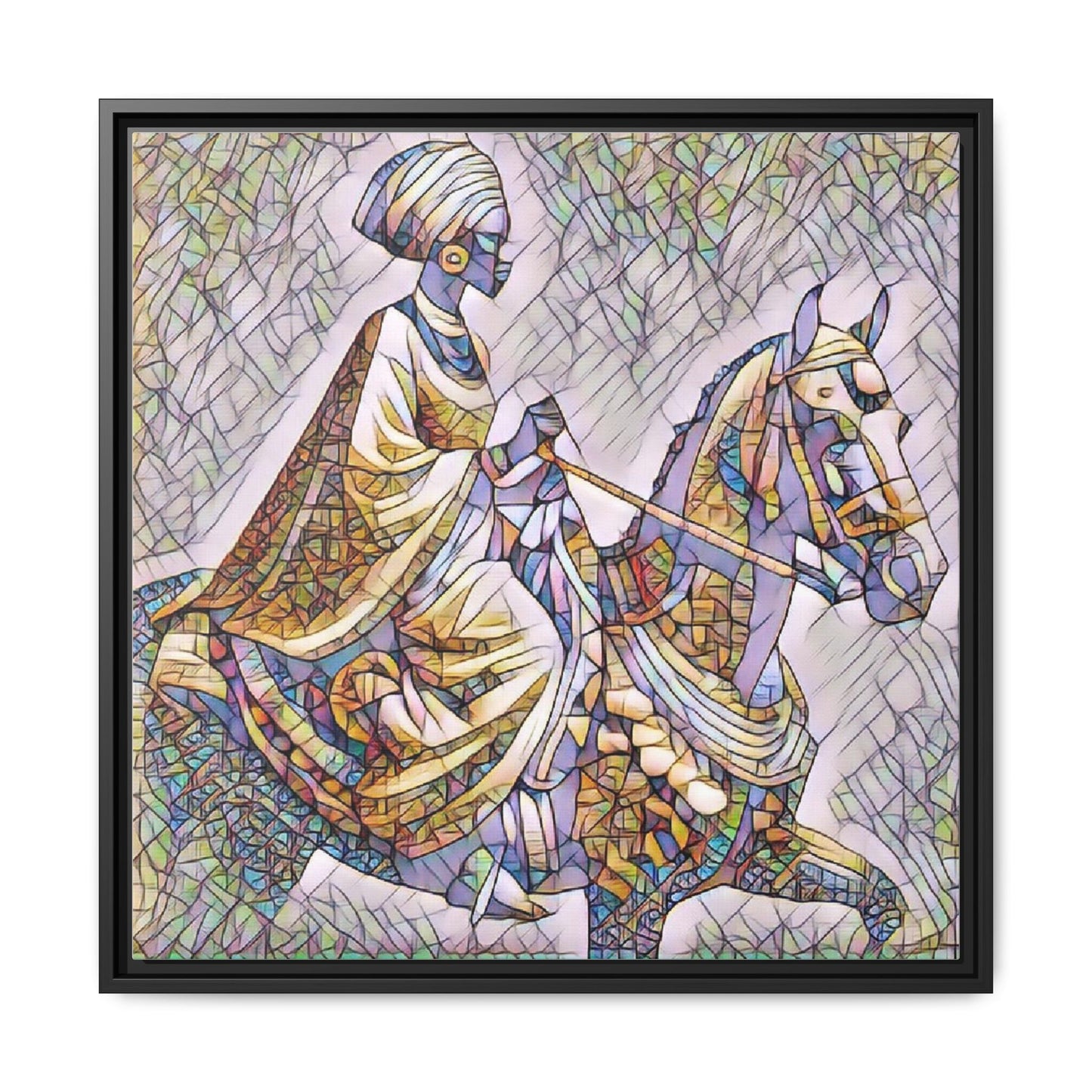 Mosaic Rider Framed Canvas Art — African Horsewoman Wall Decor