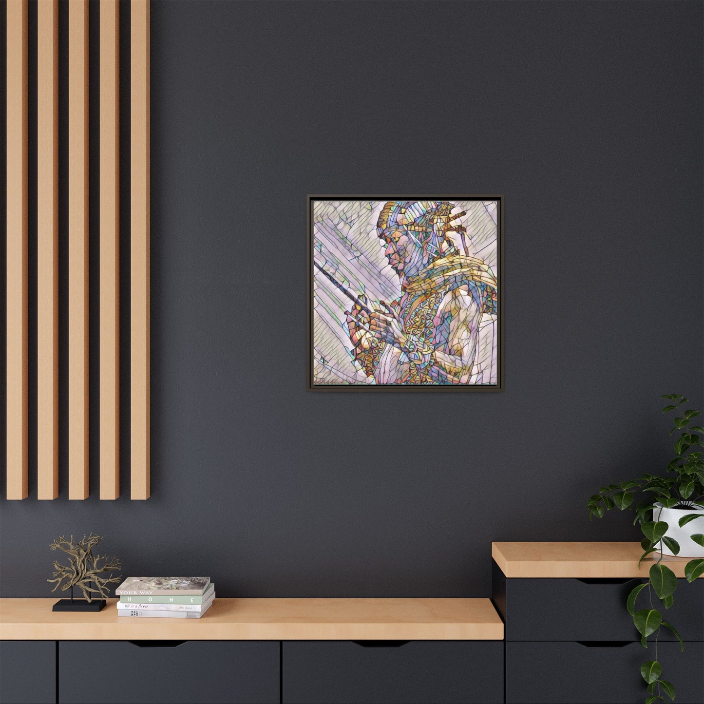 Framed Canvas Art - Colorful Tribal Warrior Portrait (Matte)