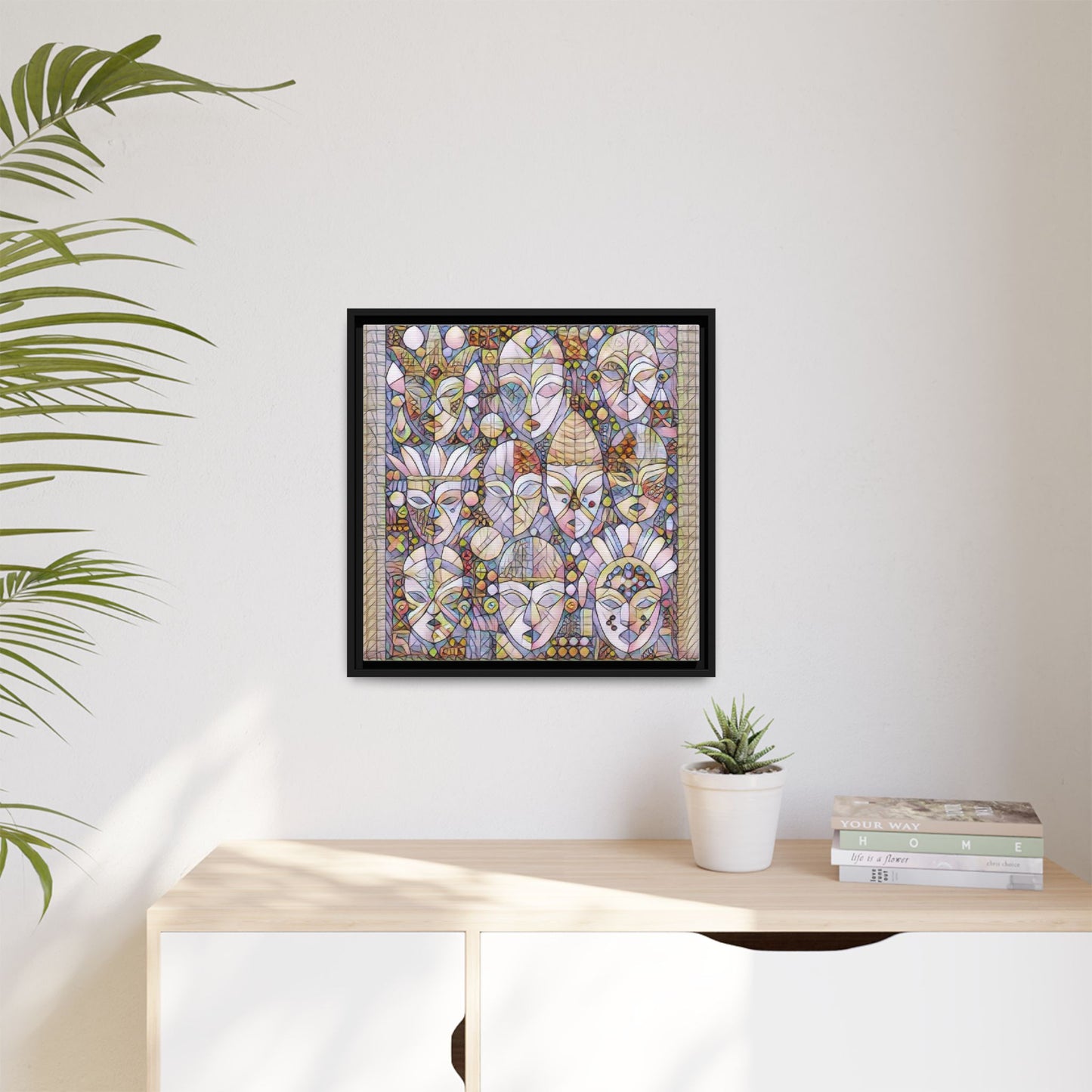 Framed Abstract Mask Art Canvas — Multicolor Stained-Glass Faces Wall Decor