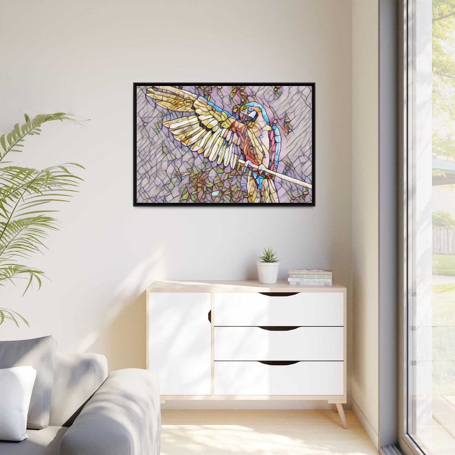 Framed Parrot Stained-Glass Art Print — Matte Canvas Wall Decor
