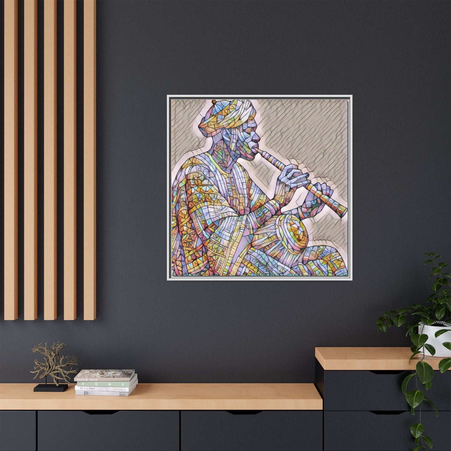 Framed Canvas Art — Colorful Middle Eastern Flute Player Print