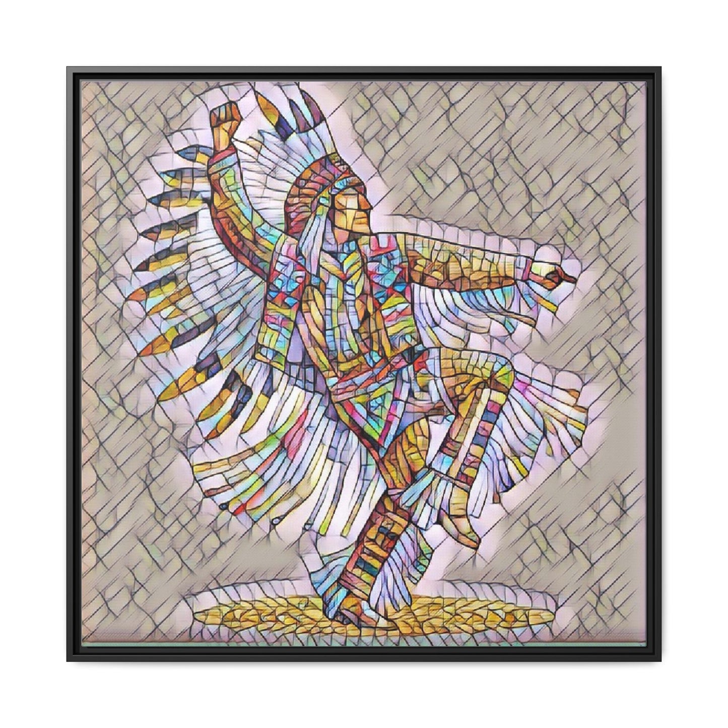 Colorful Native Dancer Framed Canvas Art — Stained Glass Style Wall Decor