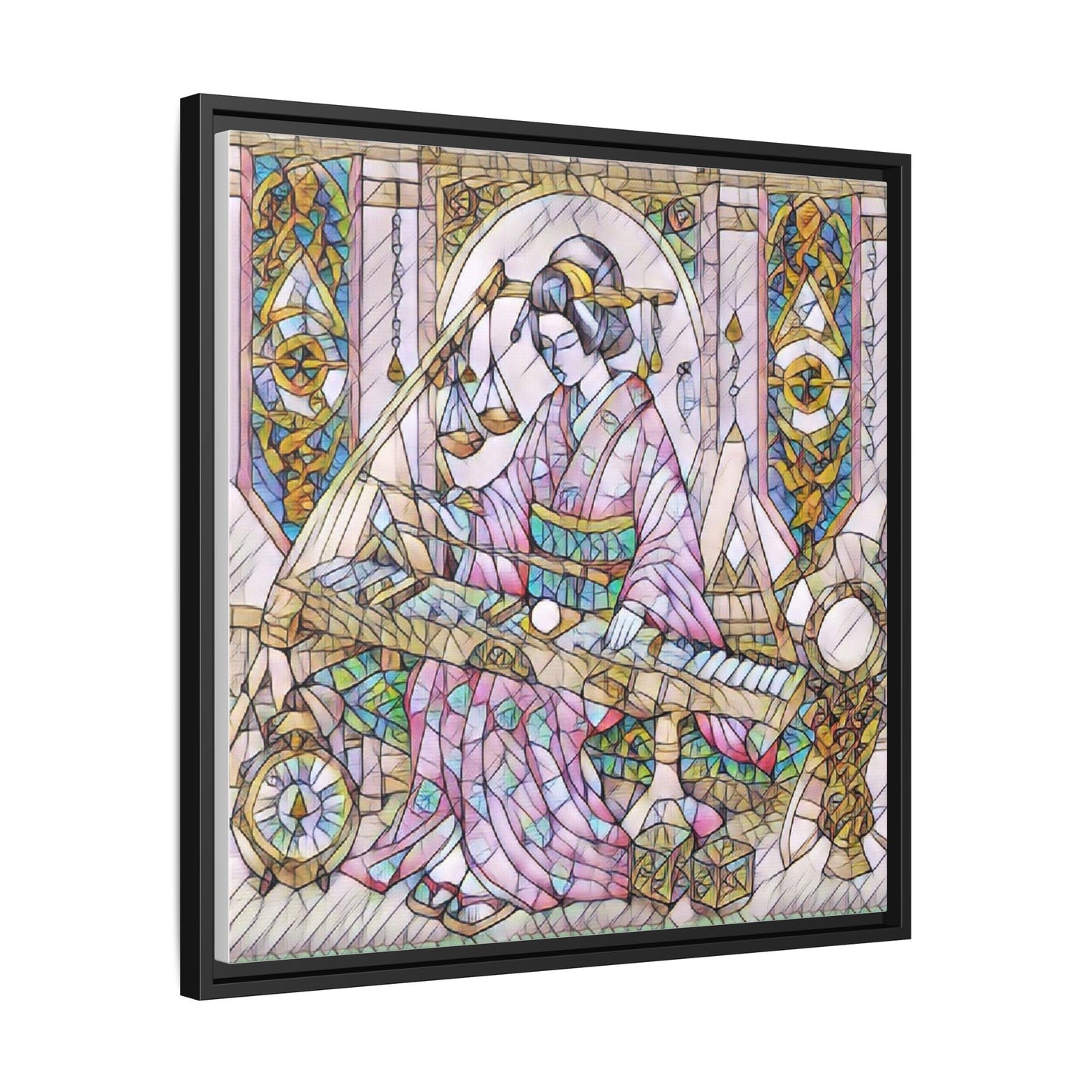 Framed Matte Canvas — Geisha Harp Stained-Glass Art Print