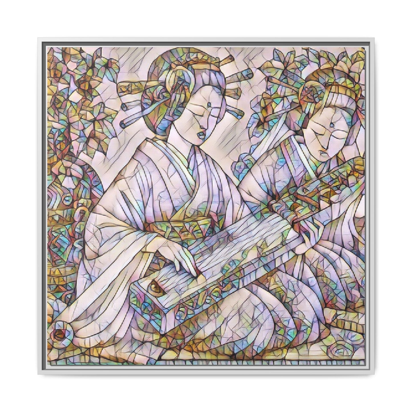 Framed Matte Canvas Print — Stained-Glass Geisha Duo