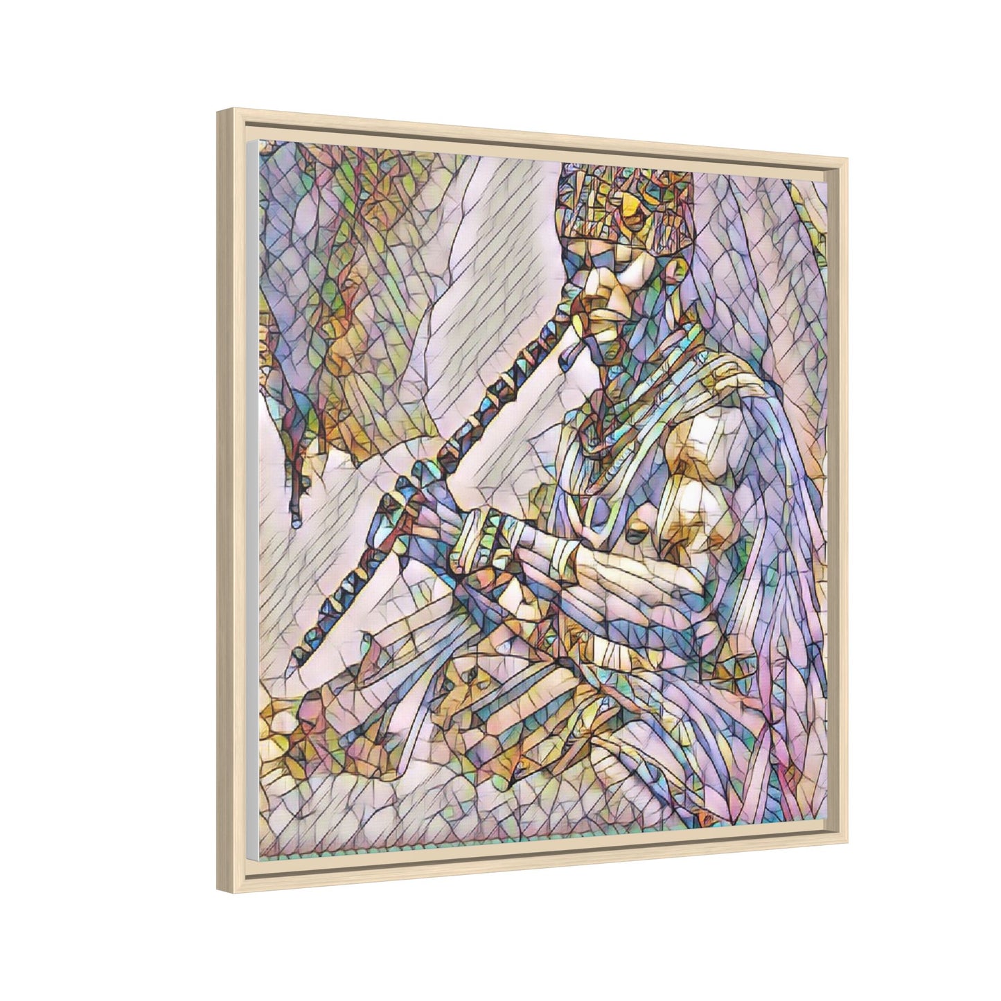 Tribal Flute Musician Stained-Glass Framed Canvas Art