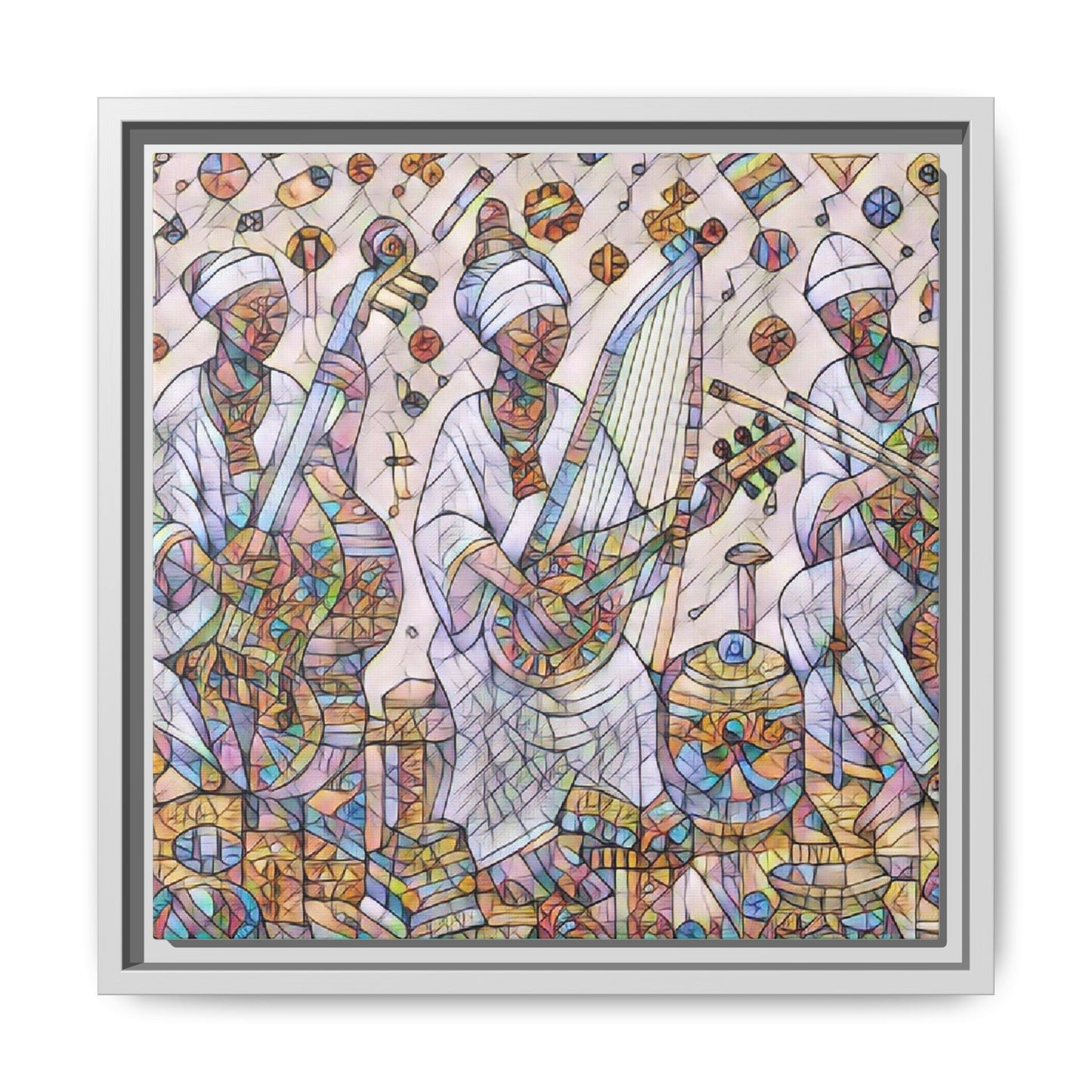 Framed Matte Canvas Print — Colorful African Musicians Stained-Glass Art