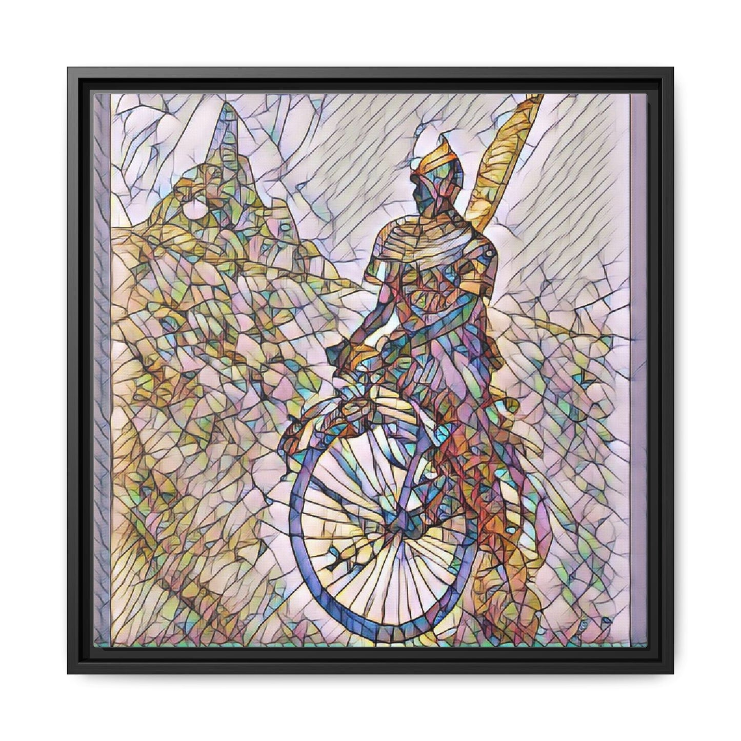 Cyclist Stained Glass Art Print — Framed Matte Canvas