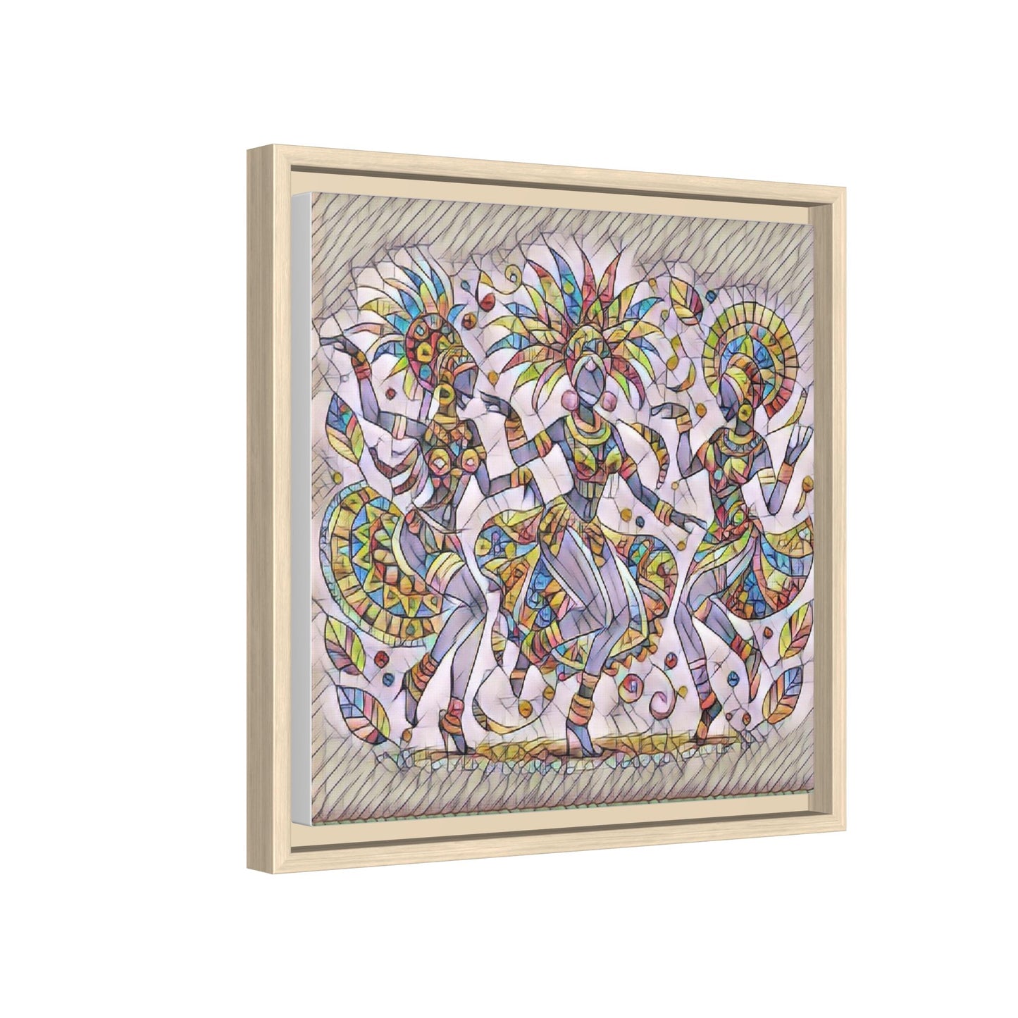 Colorful Carnival Dancers Framed Canvas Art — Multicolor Tribal Celebration Print