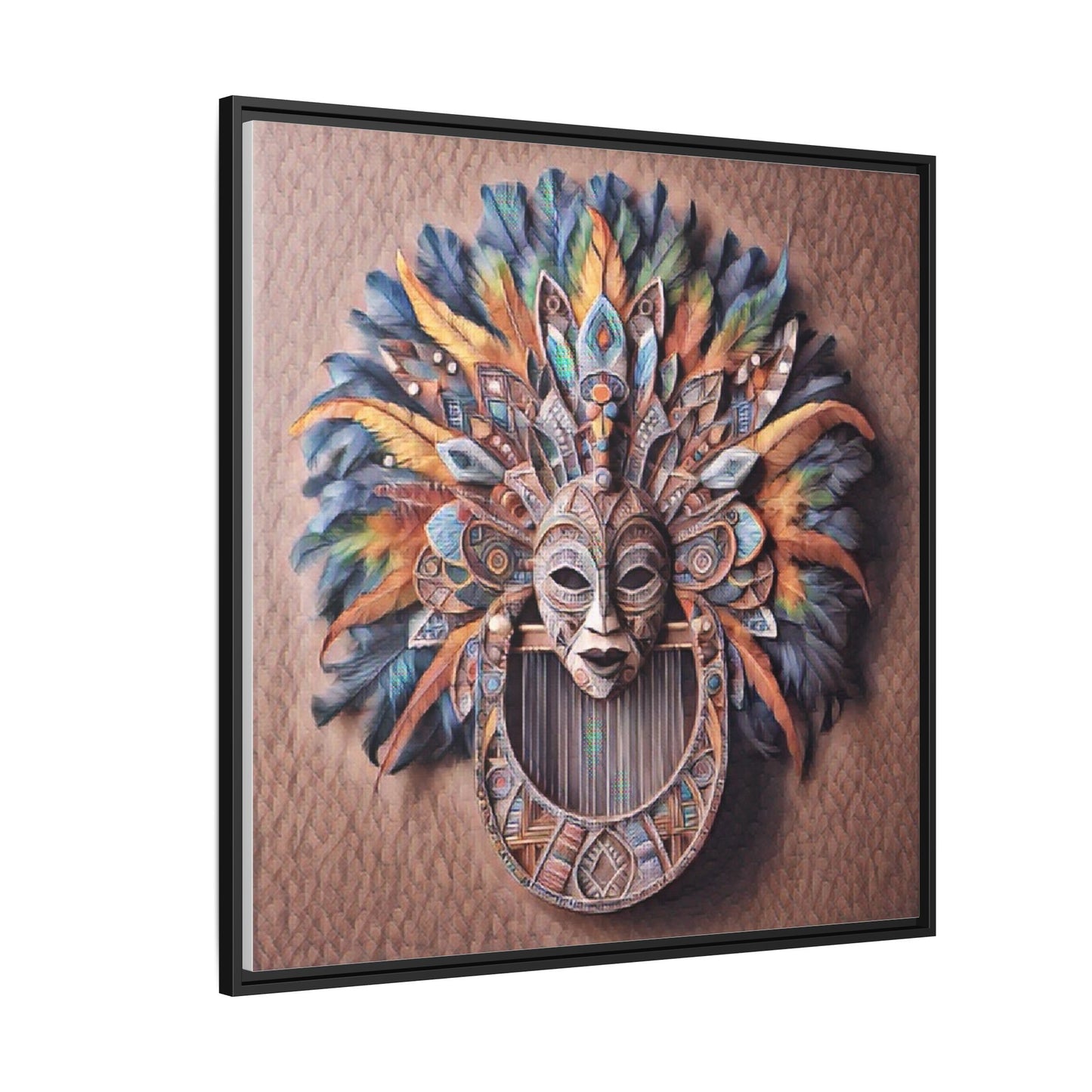 Tribal Feather Mask Framed Canvas Wall Art — Colorful Boho Decorative Print