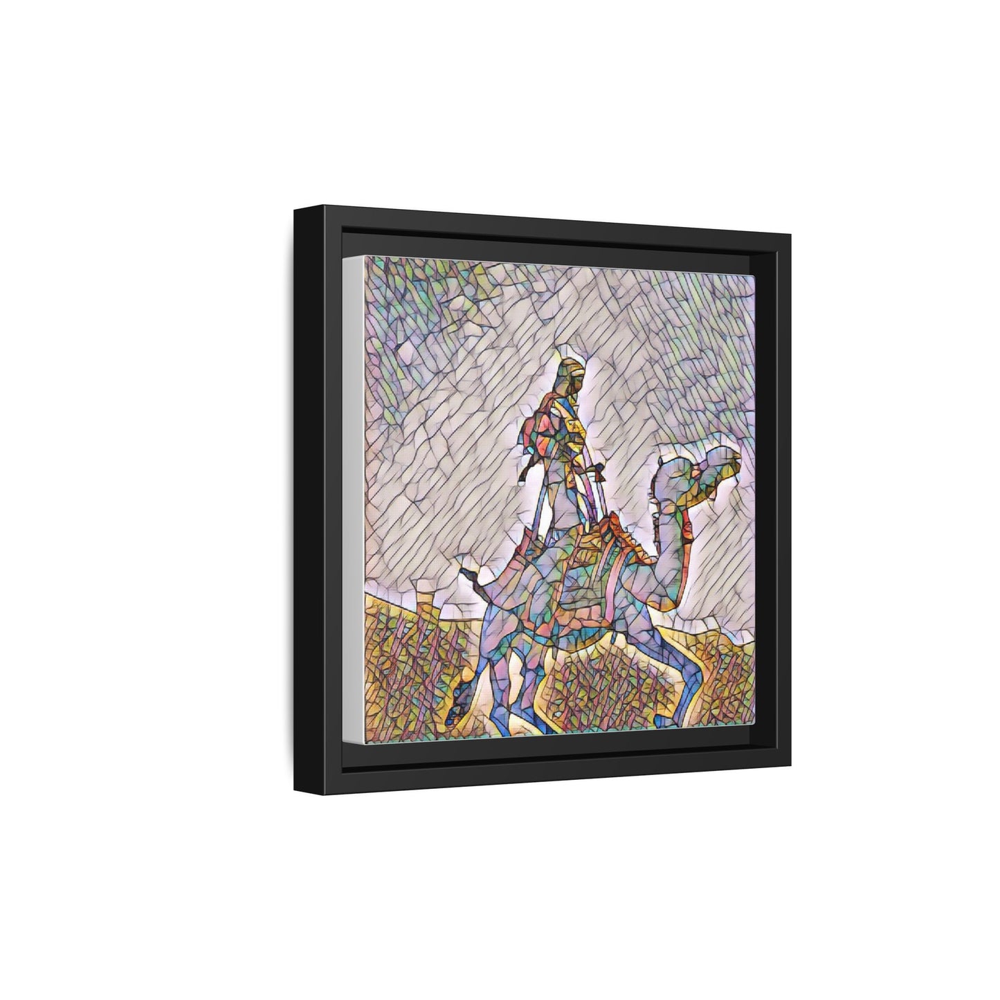 Framed Camel Rider Matte Canvas Art — Colorful Mosaic Desert Wall Decor