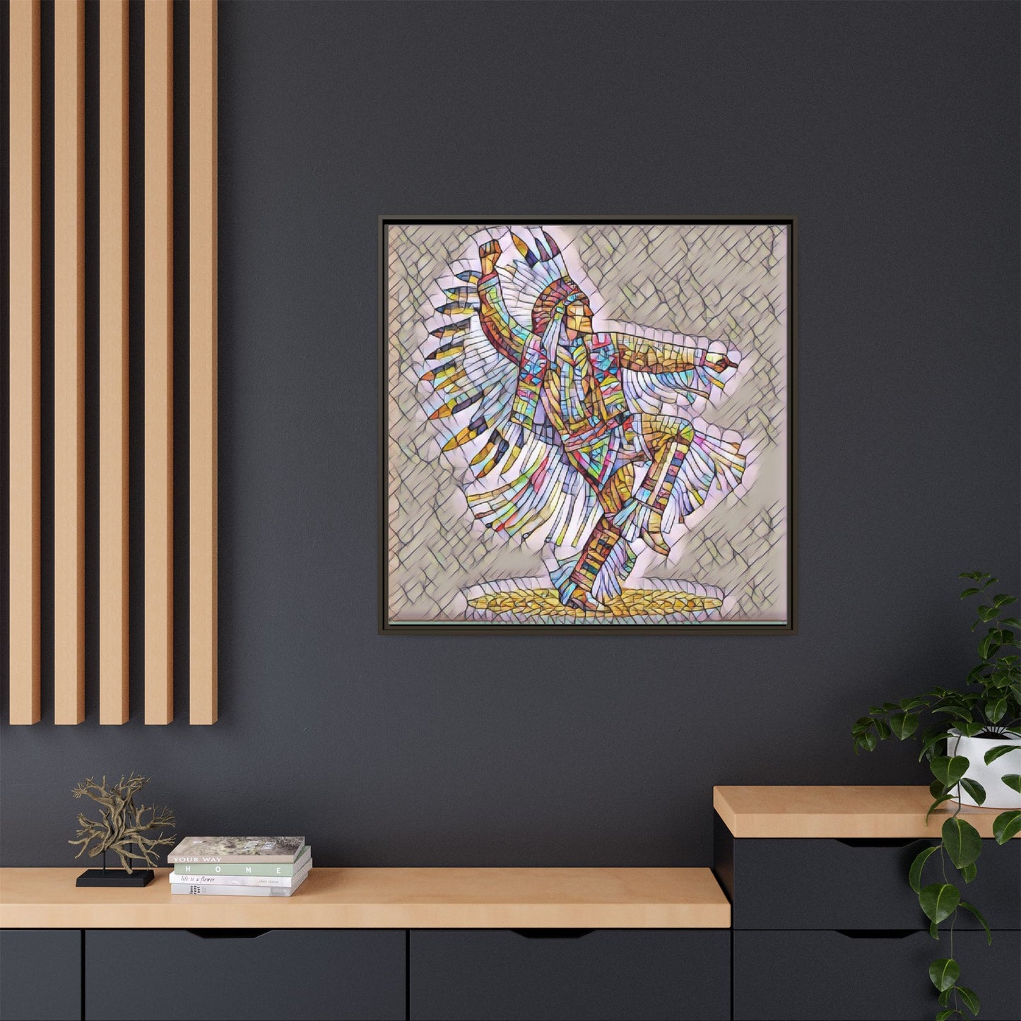 Colorful Native Dancer Framed Canvas Art — Stained Glass Style Wall Decor