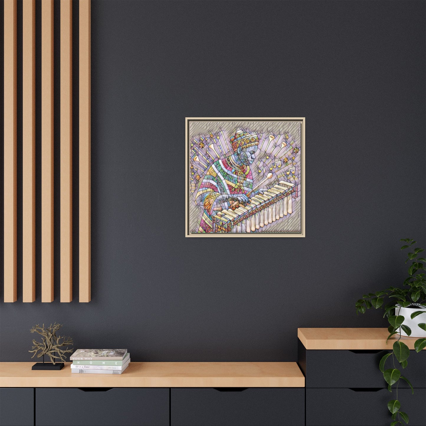 Colorful Marimba Musician Matte Framed Canvas — Vibrant African Instrument Wall Art