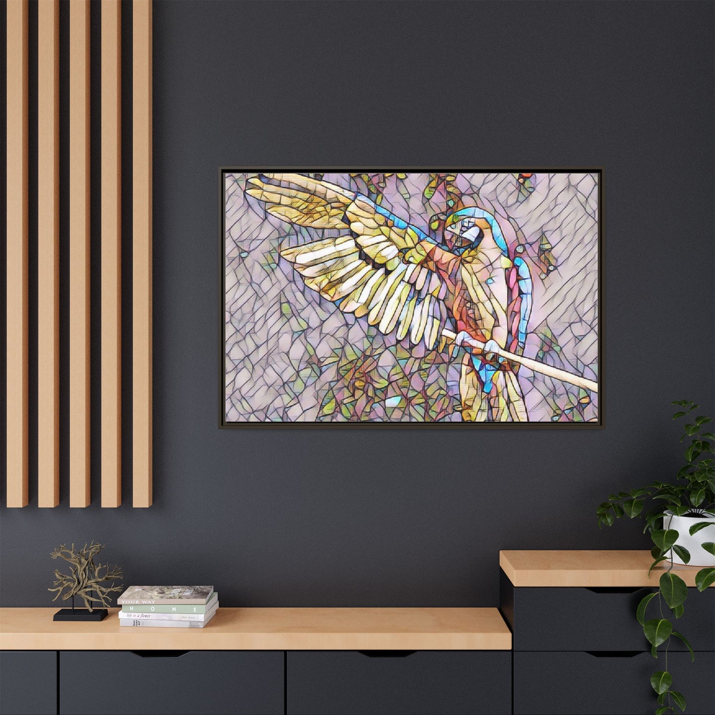 Framed Parrot Stained-Glass Art Print — Matte Canvas Wall Decor