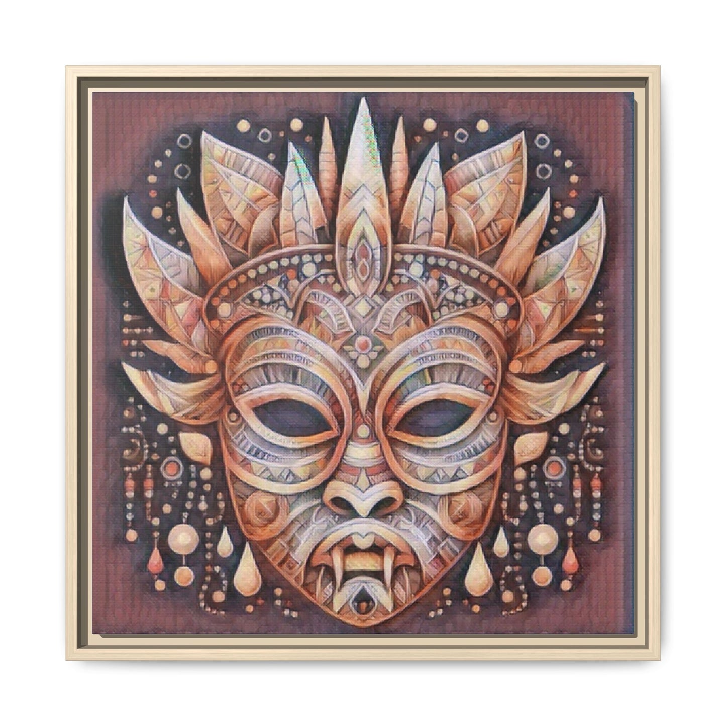 Tribal Sun Mask Framed Canvas Art — Boho Ethnic Wall Decor
