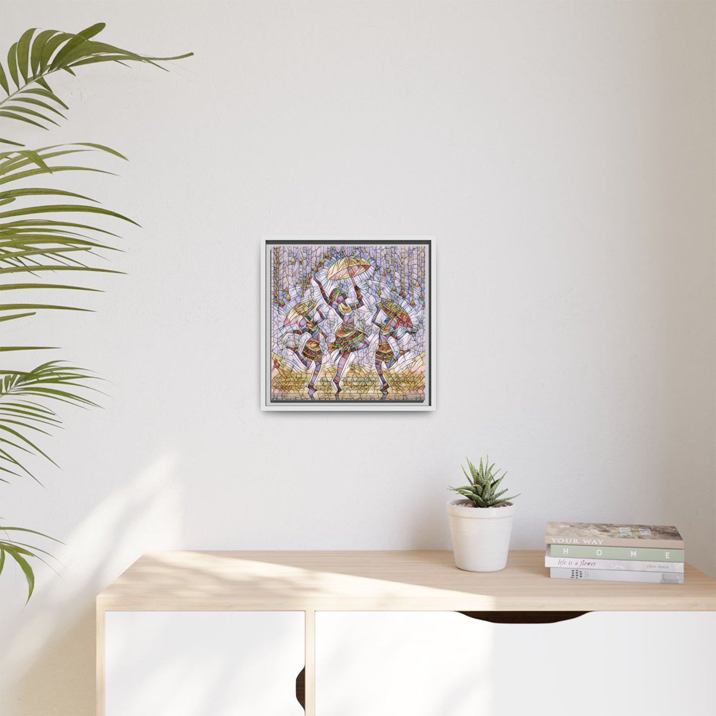 Colorful African Dance Framed Canvas Art — Umbrella Dancers Wall Decor