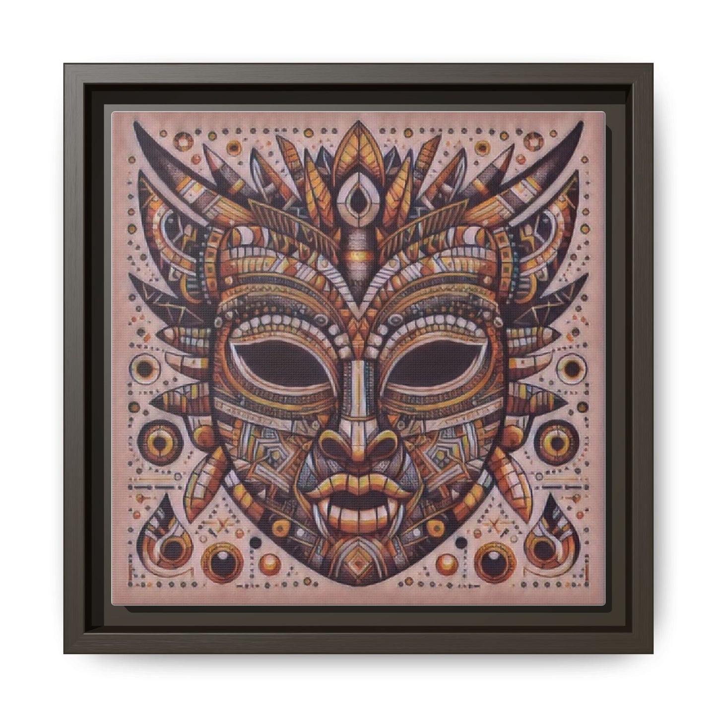 Tribal Mask Framed Canvas Art — Multicolor Matte Wall Decor
