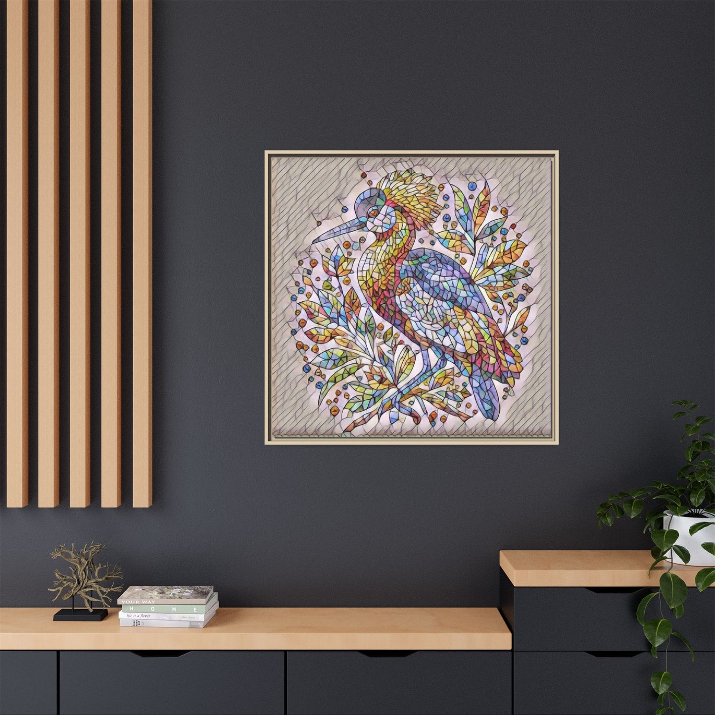 Colorful Stained-Glass Heron — Framed Matte Canvas Wall Art