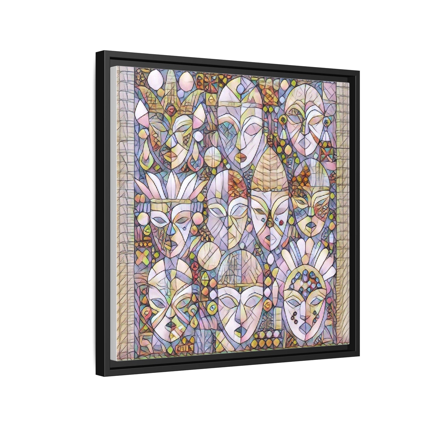 Framed Abstract Mask Art Canvas — Multicolor Stained-Glass Faces Wall Decor