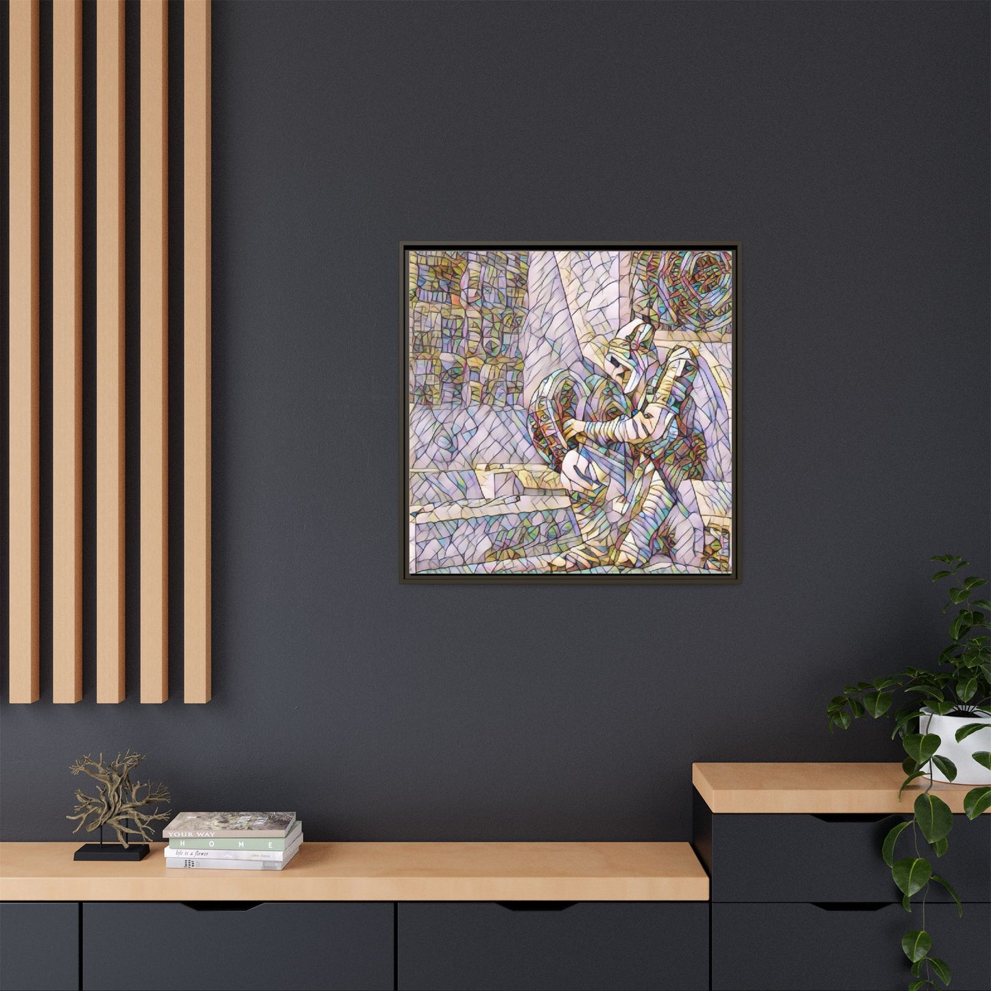 Framed Matte Canvas Art — Colorful Stained-Glass Astronaut Embrace
