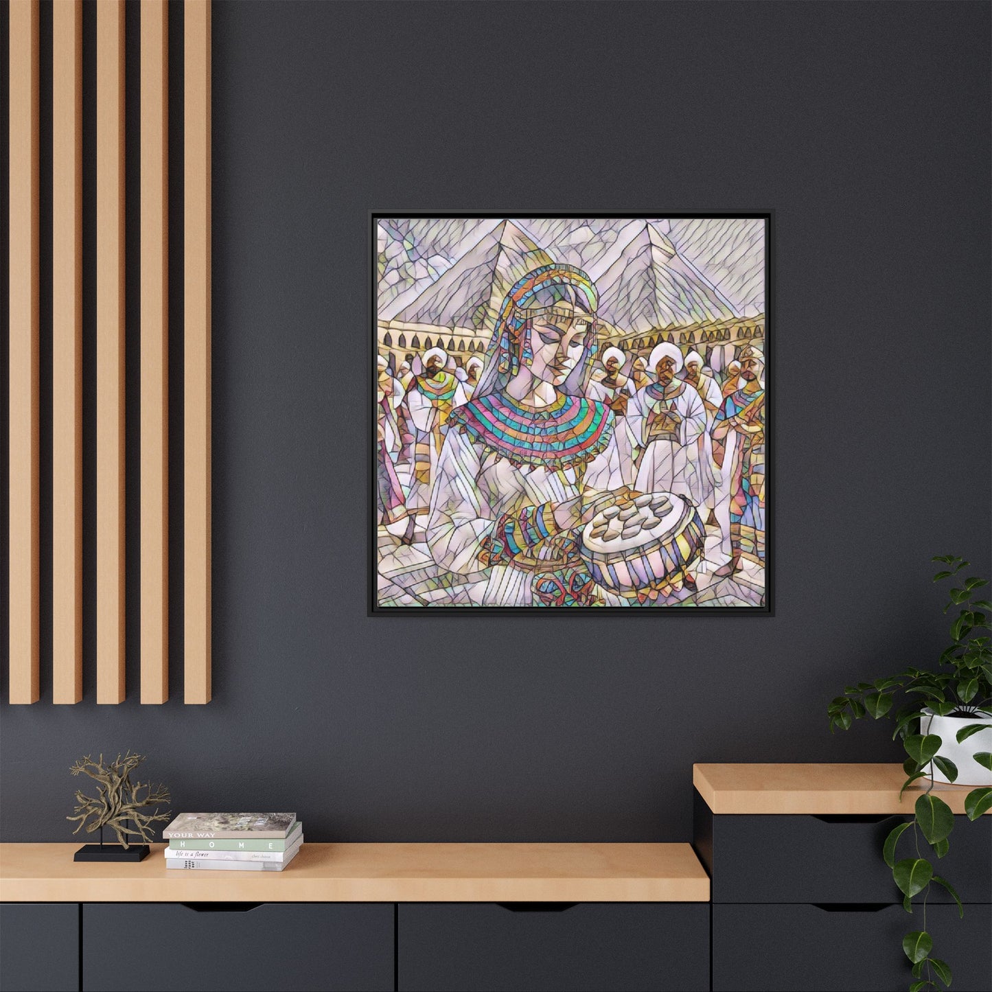 Egyptian Drum Player Framed Canvas Art — Colorful Ancient Scene Wall Decor