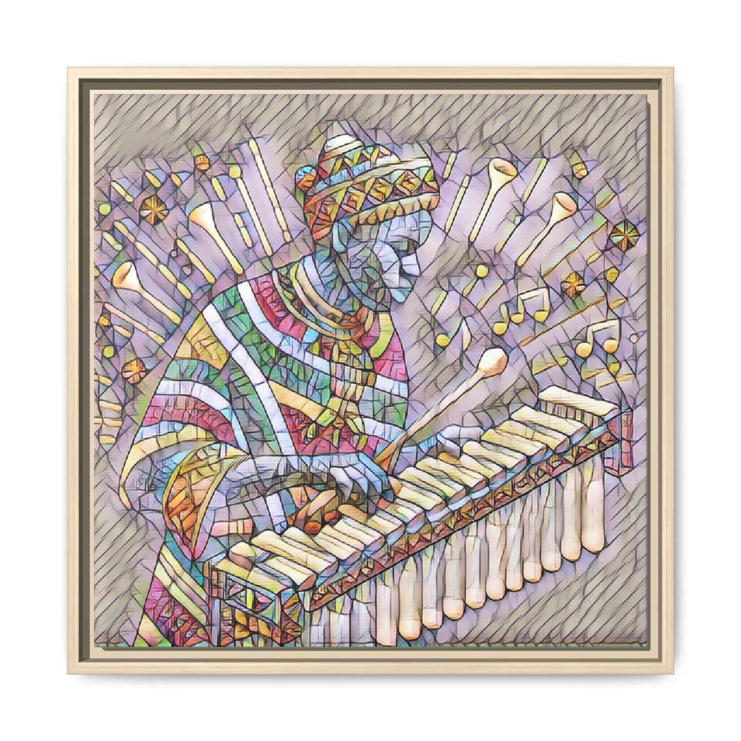 Colorful Marimba Musician Matte Framed Canvas — Vibrant African Instrument Wall Art