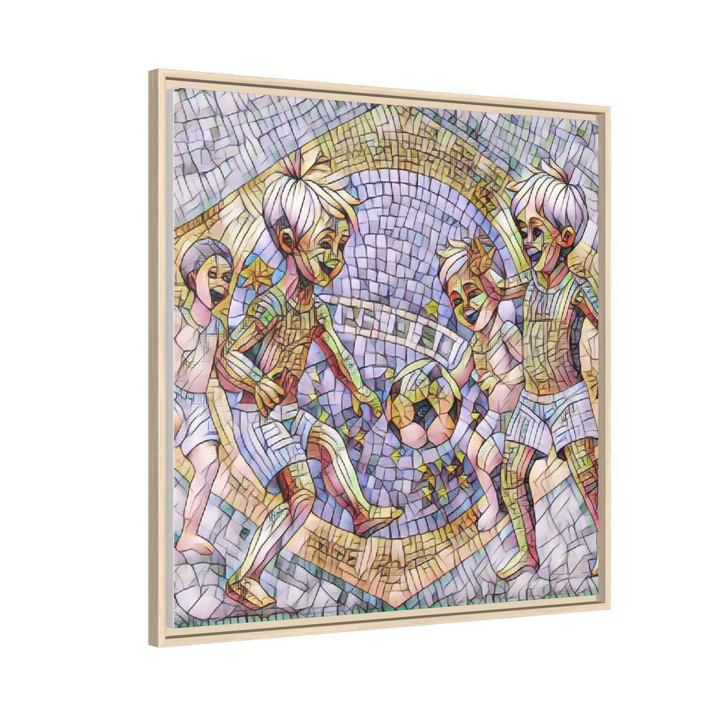 Framed Matte Canvas – Vintage Mosaic Kids Playing Soccer Art